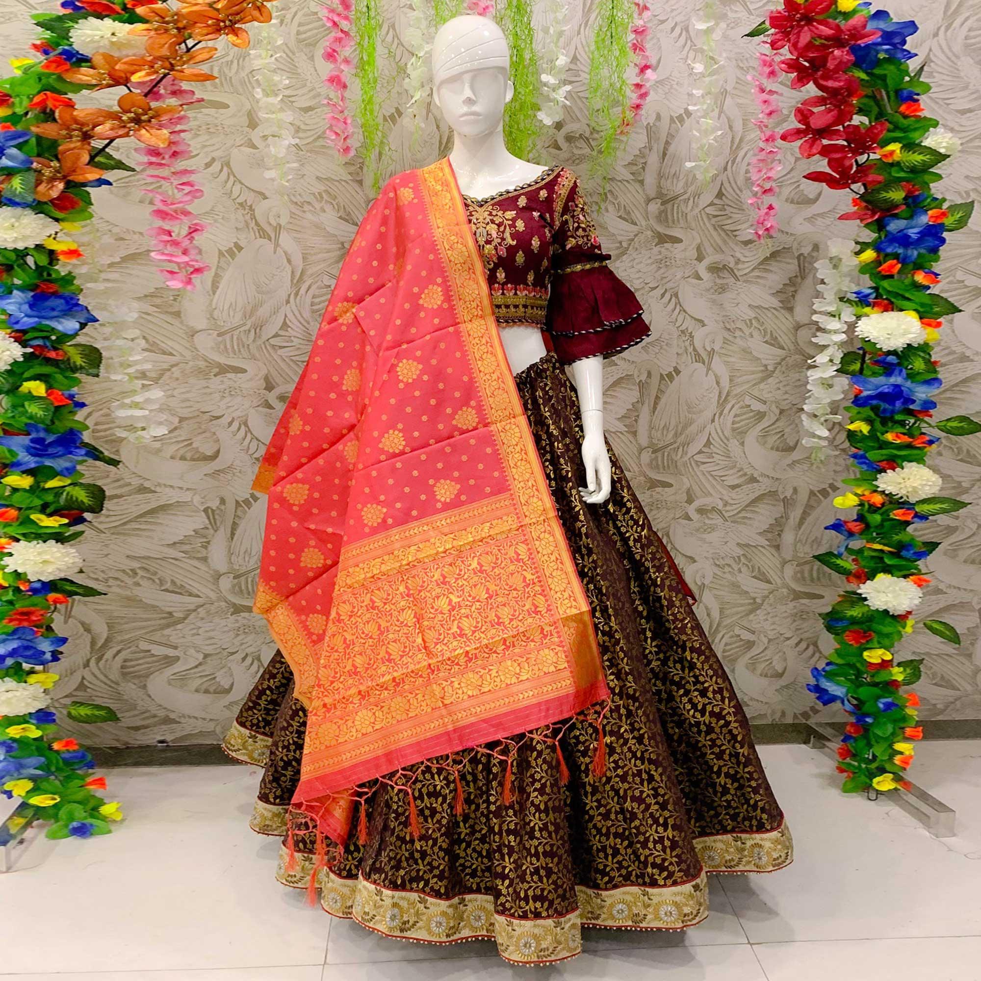 Peachmode Elegant Maroon Colored Designer Wedding Wear Woven Banarasi Silk Lehenga Choli