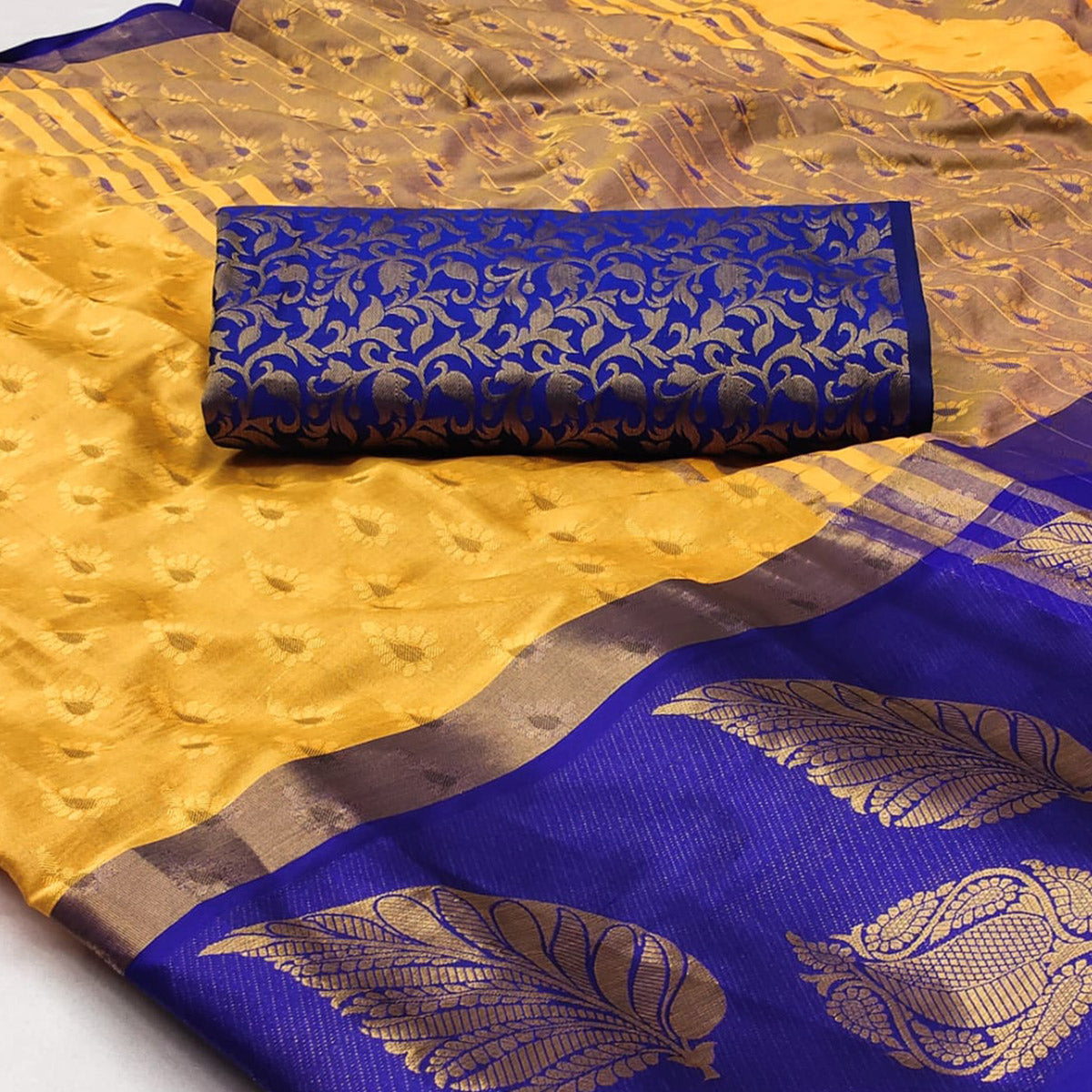 Peachmode Dusty Yellow Woven Cotton Silk Saree With Tassels - view 2