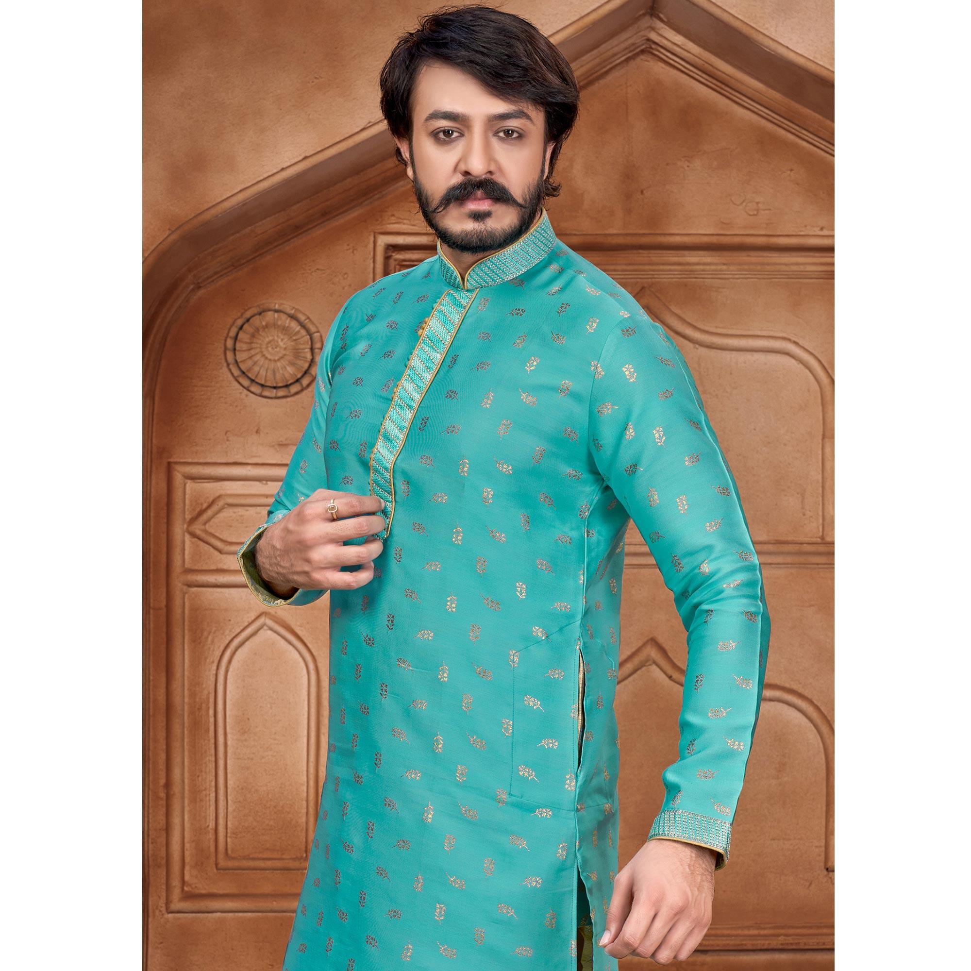 Peachmode Seller Blue Woven Jacquard Kurta Pyjama Set - view 4