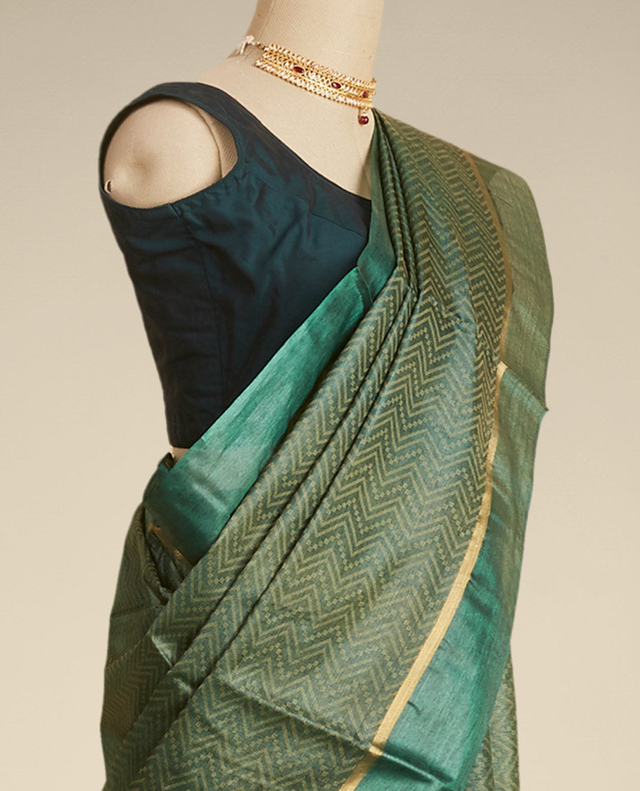 Pothys Green zig- zag striped design tusser silk saree with contrast zari border