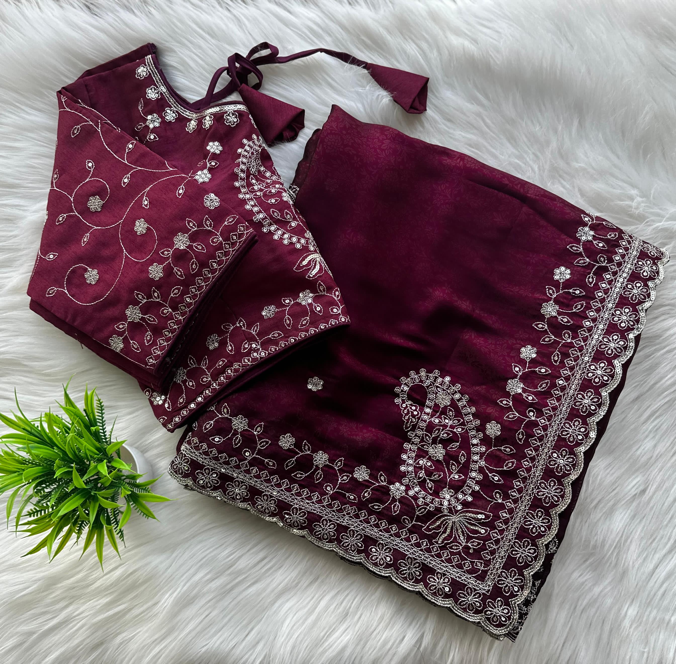 ClothsVilla Wine Soft Silk Saree with Elegant Rubber Weaving & Heavy Embroidery Work