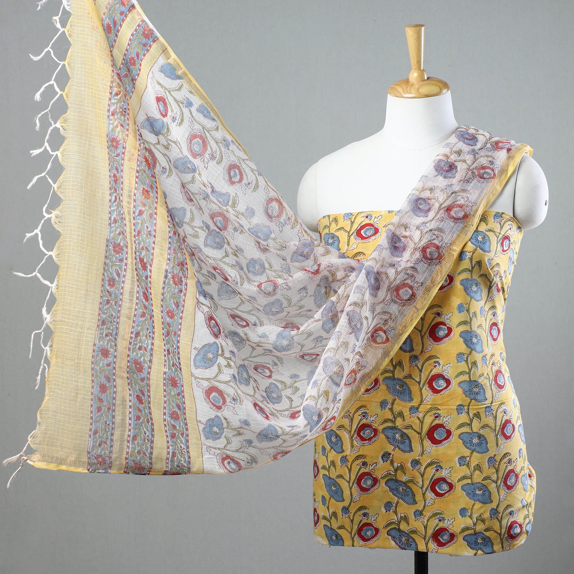 KUSUMLATA 3pc Sanganeri Block Printed Cotton Suit Material with Kota Doria Dupatta 14