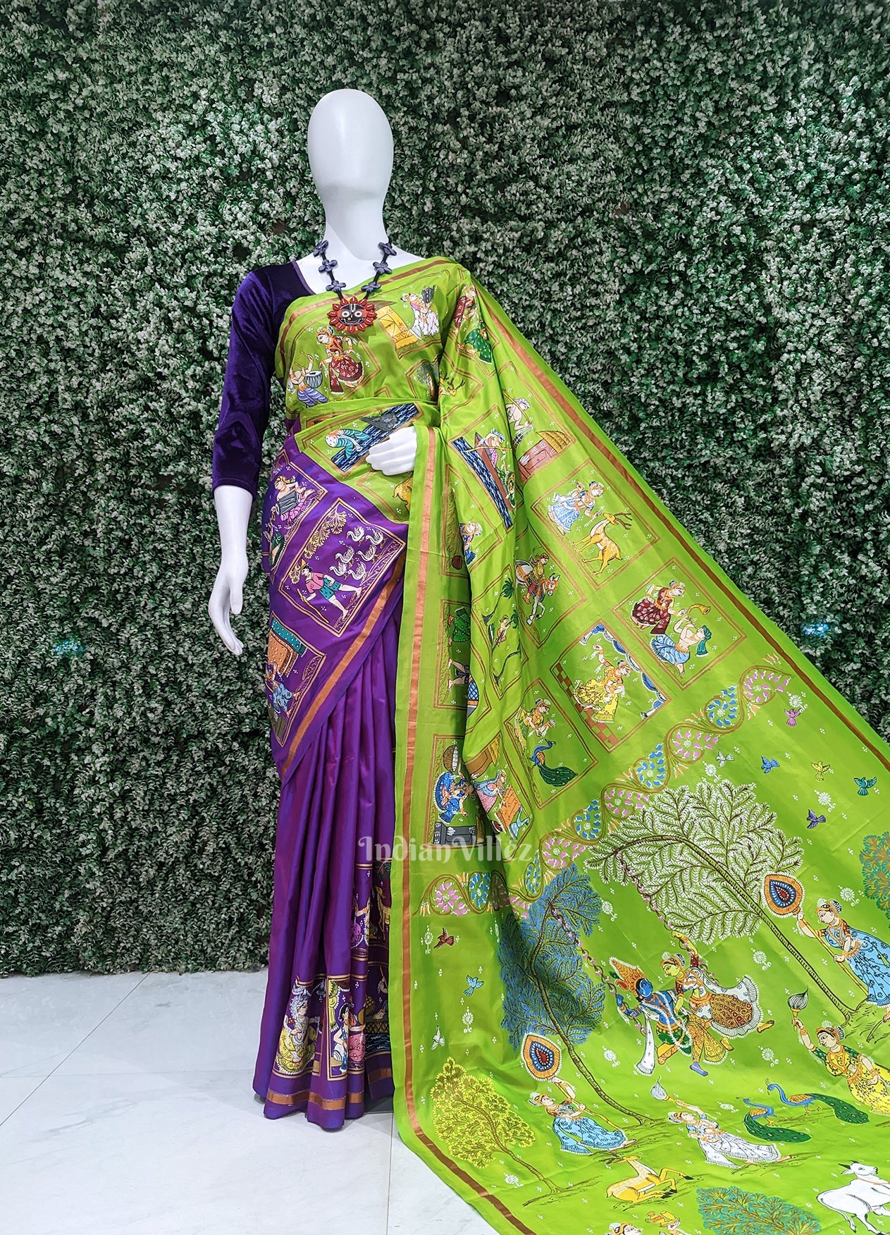 IndianVillèz Green Purple Radha Krishna Village Theme Pattachitra Saree