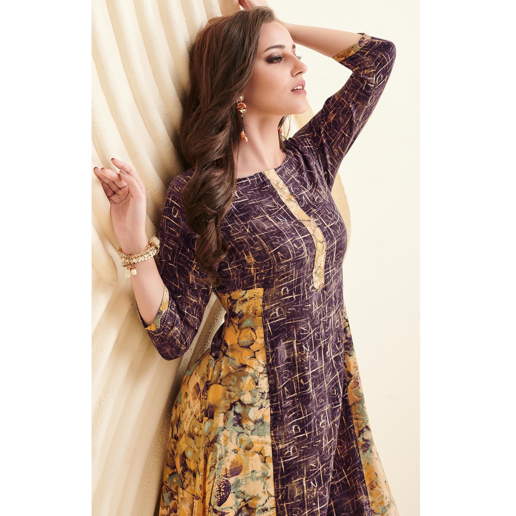 Peachmode Seller Mesmerising Purple-Yellow Colored Partywear Printed Rayon Long Kurti - view 2
