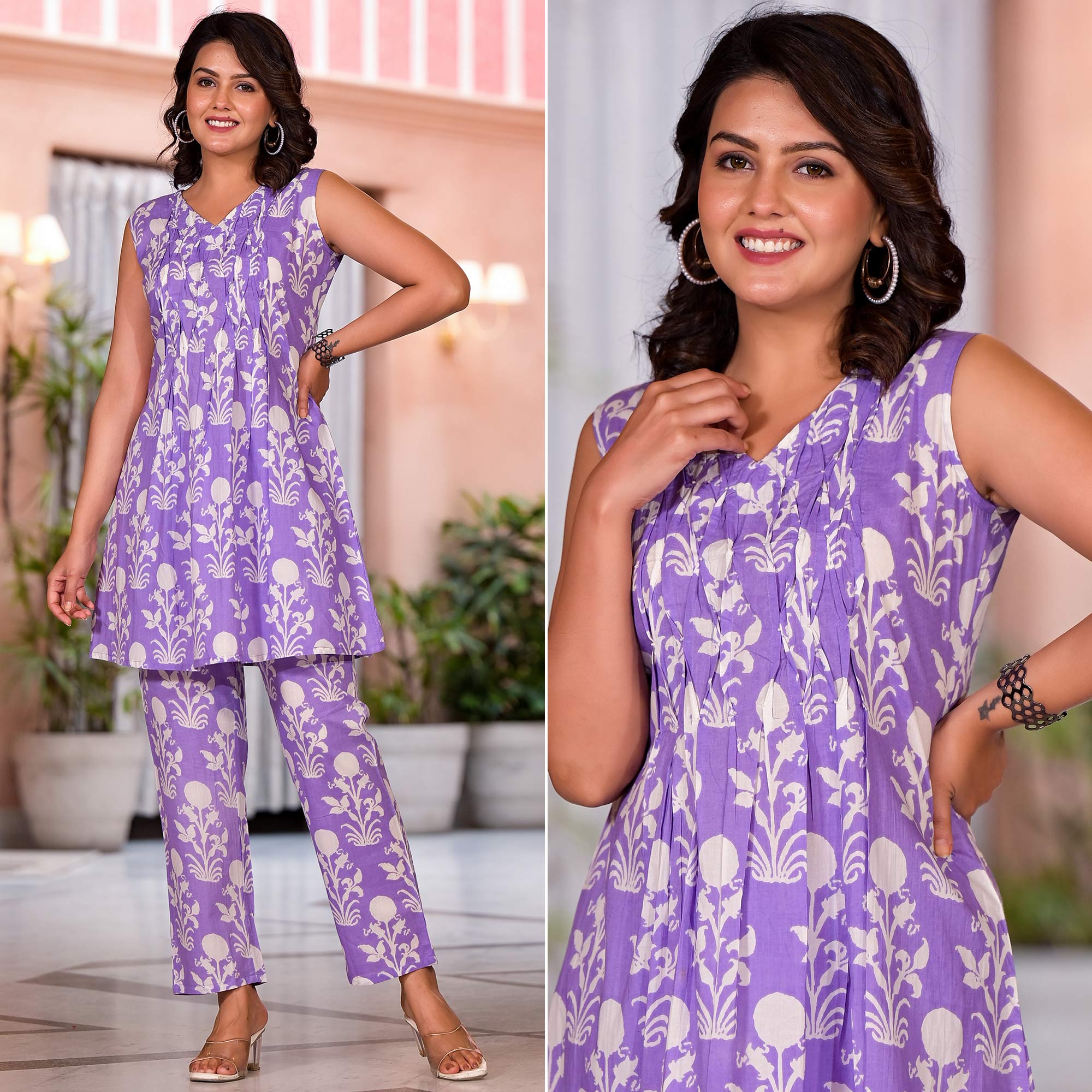 Peachmode Lavender Floral Printed Pure Cotton A-Line Co-Ord Set