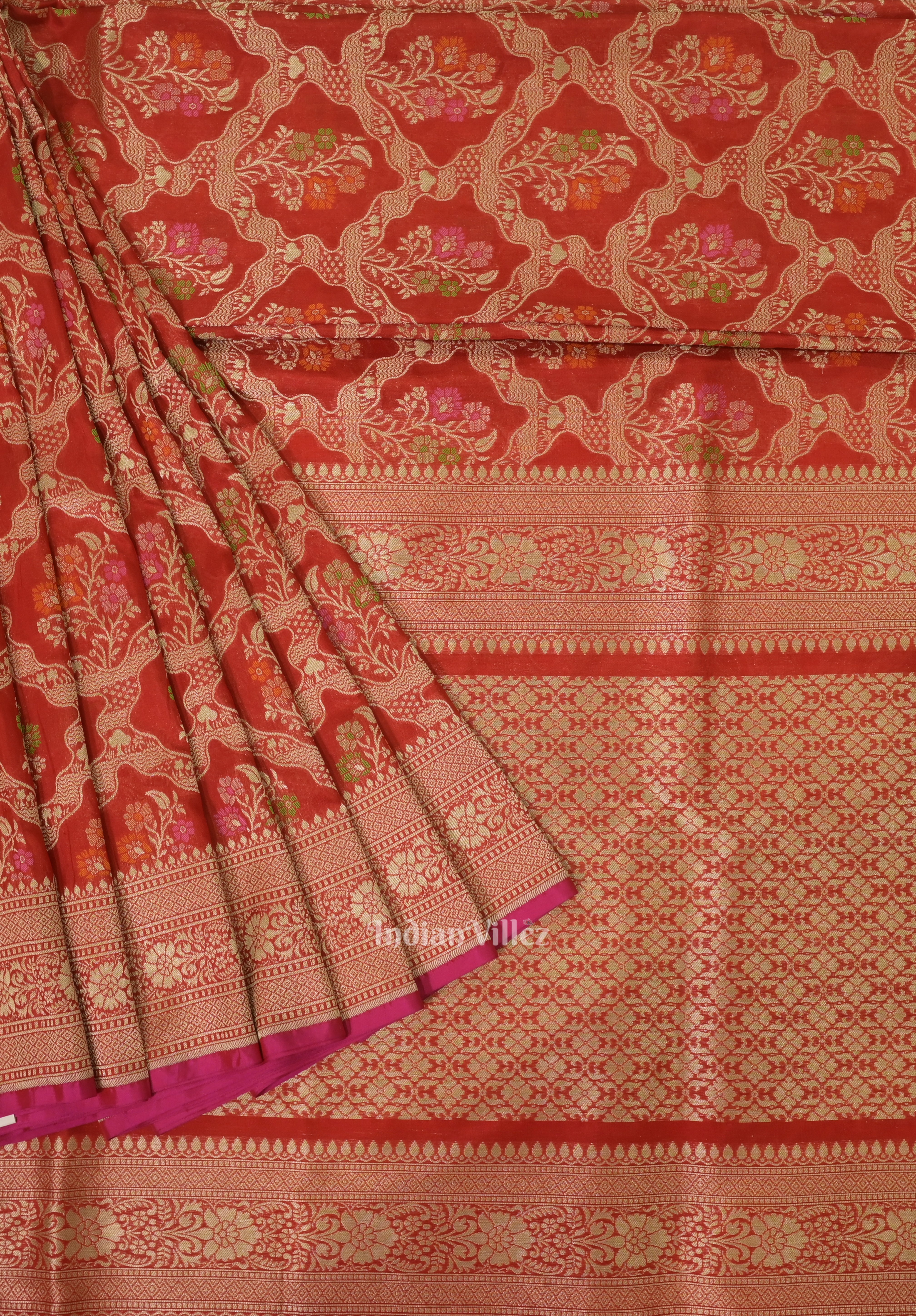 IndianVillèz Red Meenakari Banarasi Katan Silk Saree