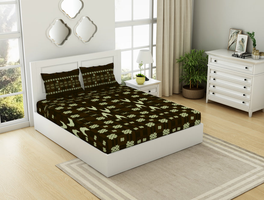 Spaces India Geometric Gothic Olive - Dark Brown 100% Cotton King Size Bedsheet - Ikkat By Spaces - view 2