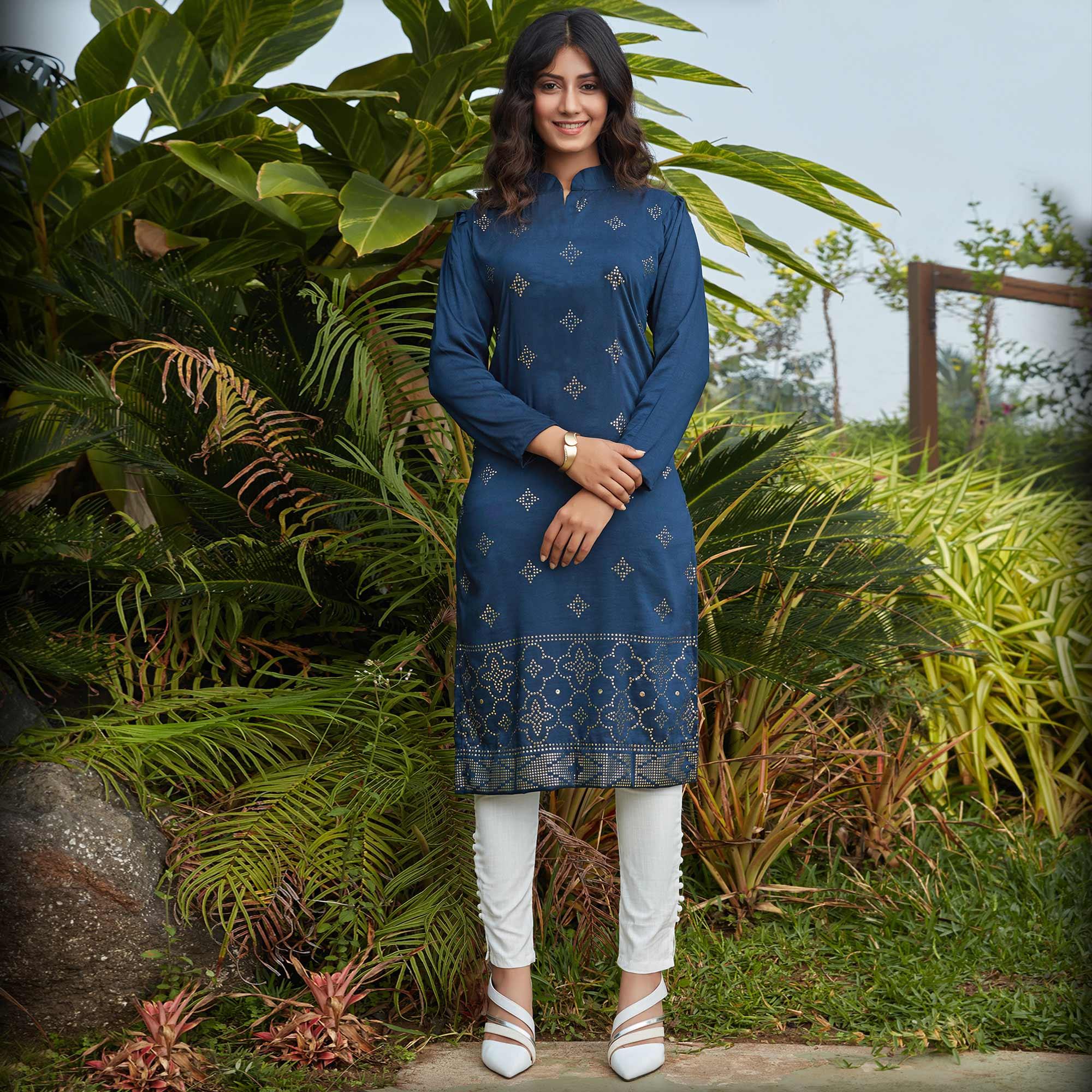 Peachmode Seller Engrossing Navy Blue Casual Wear Glistering Embellishment Silky Cotton Kurti