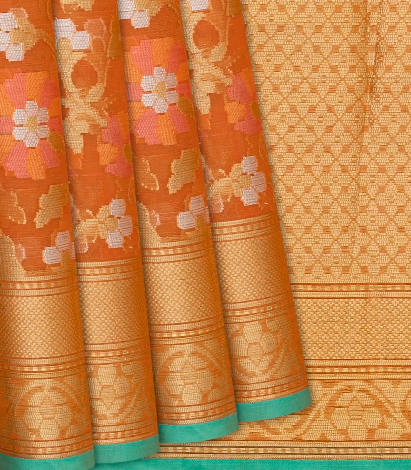 RmKV Peach Handloom Cotton Saree With Meena Floral Motifs-Peach