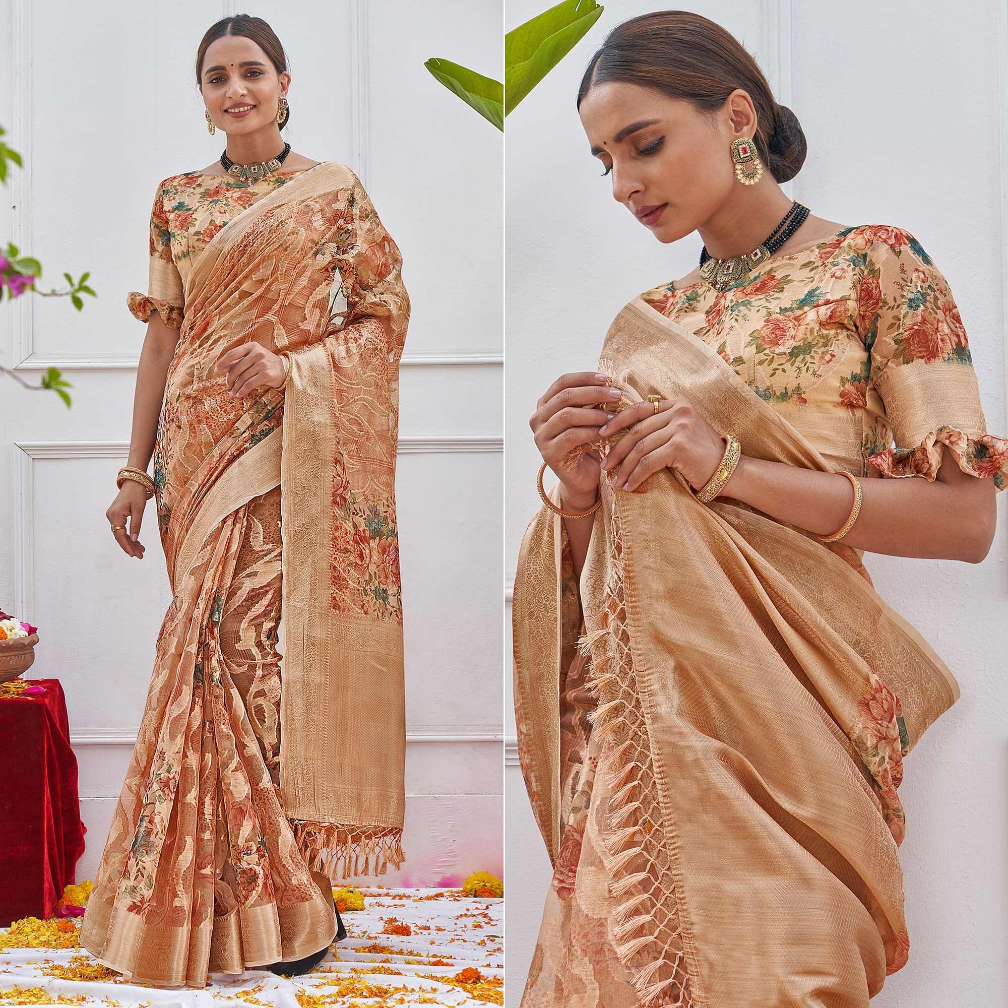 Peachmode Brown Woven With Printed Organza Saree