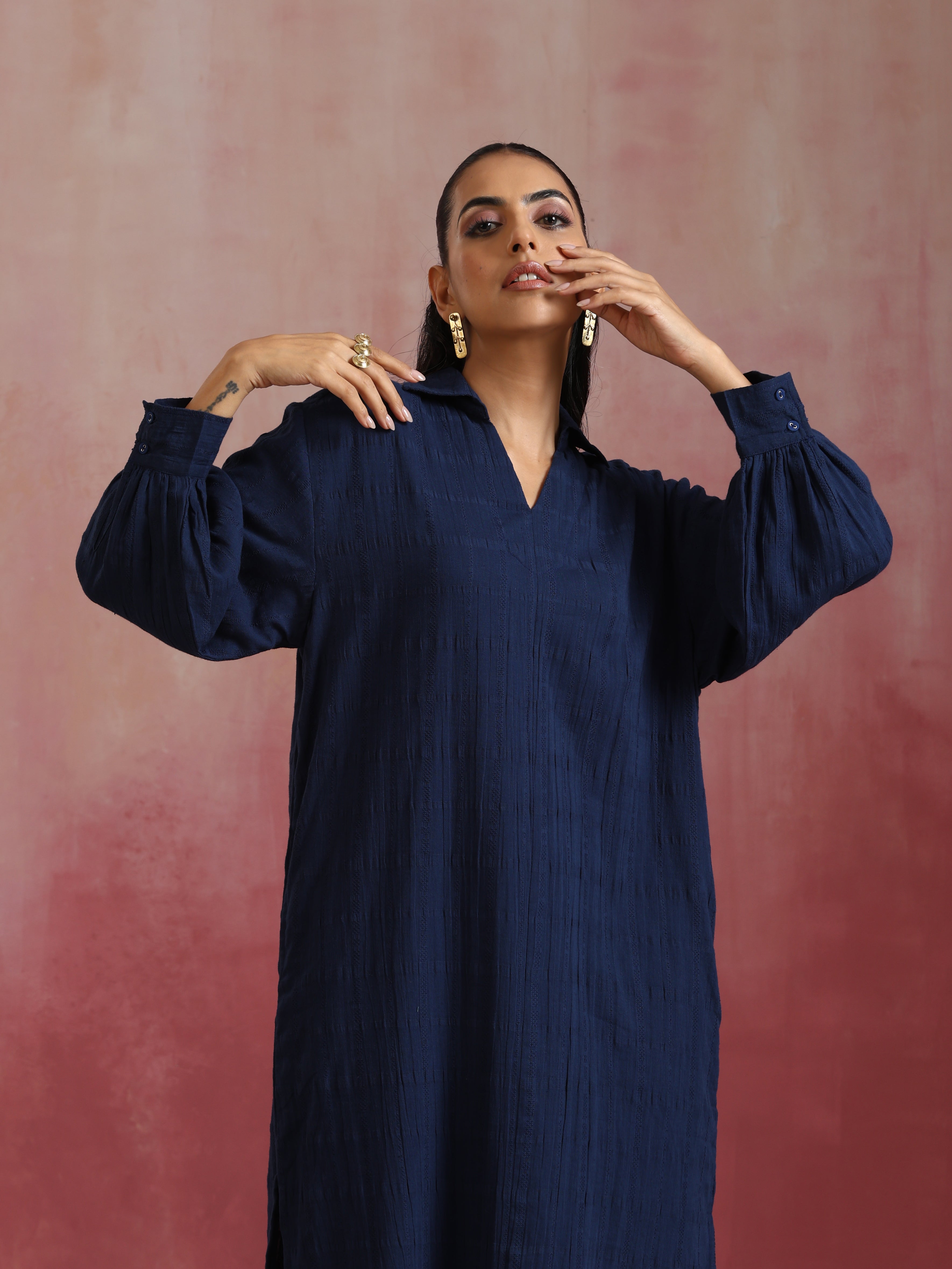 trueBrowns Dark Blue Cotton Dobby Dress - view 4