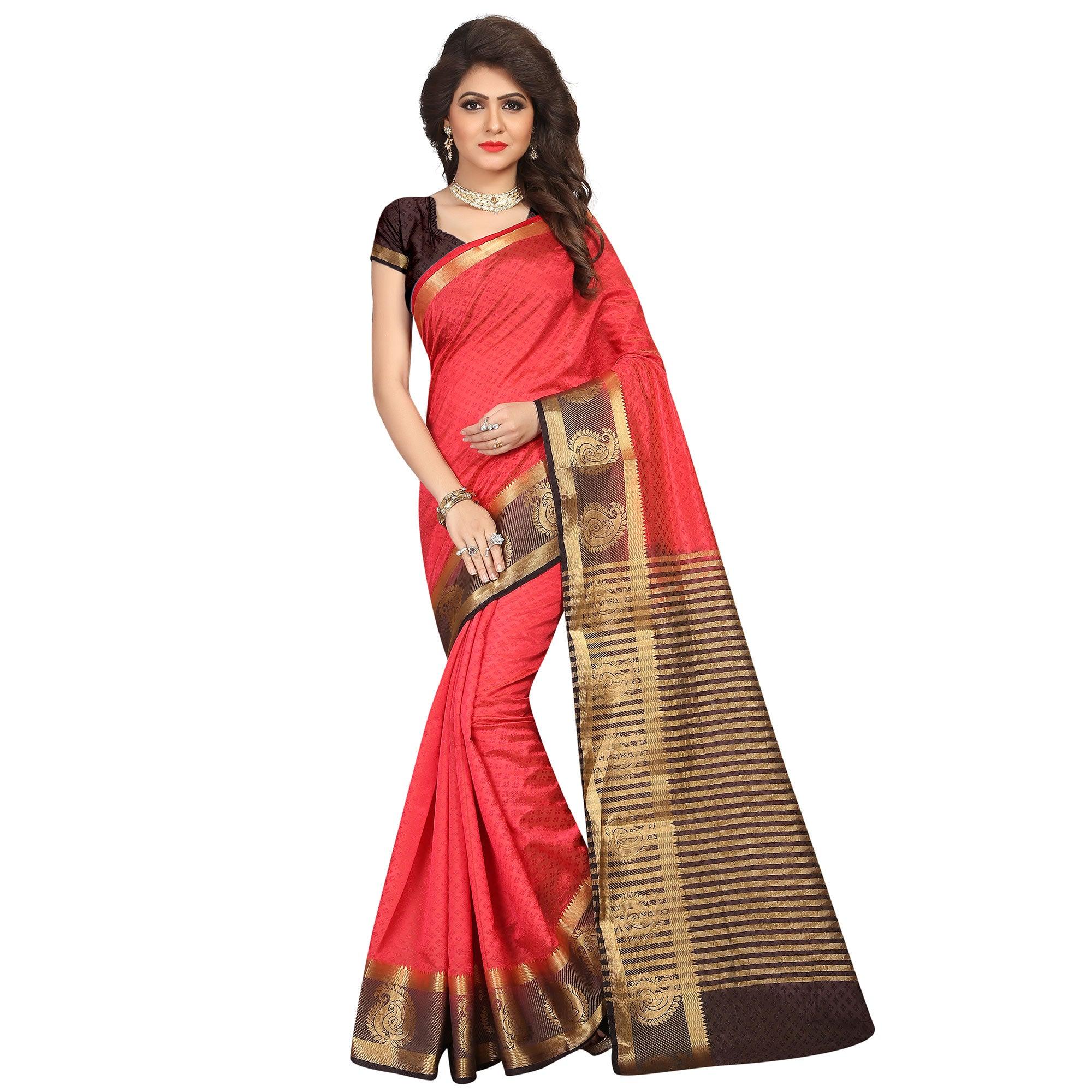 Peachmode Breathtaking Red Colored Festive Wear Woven Cotton Silk Saree