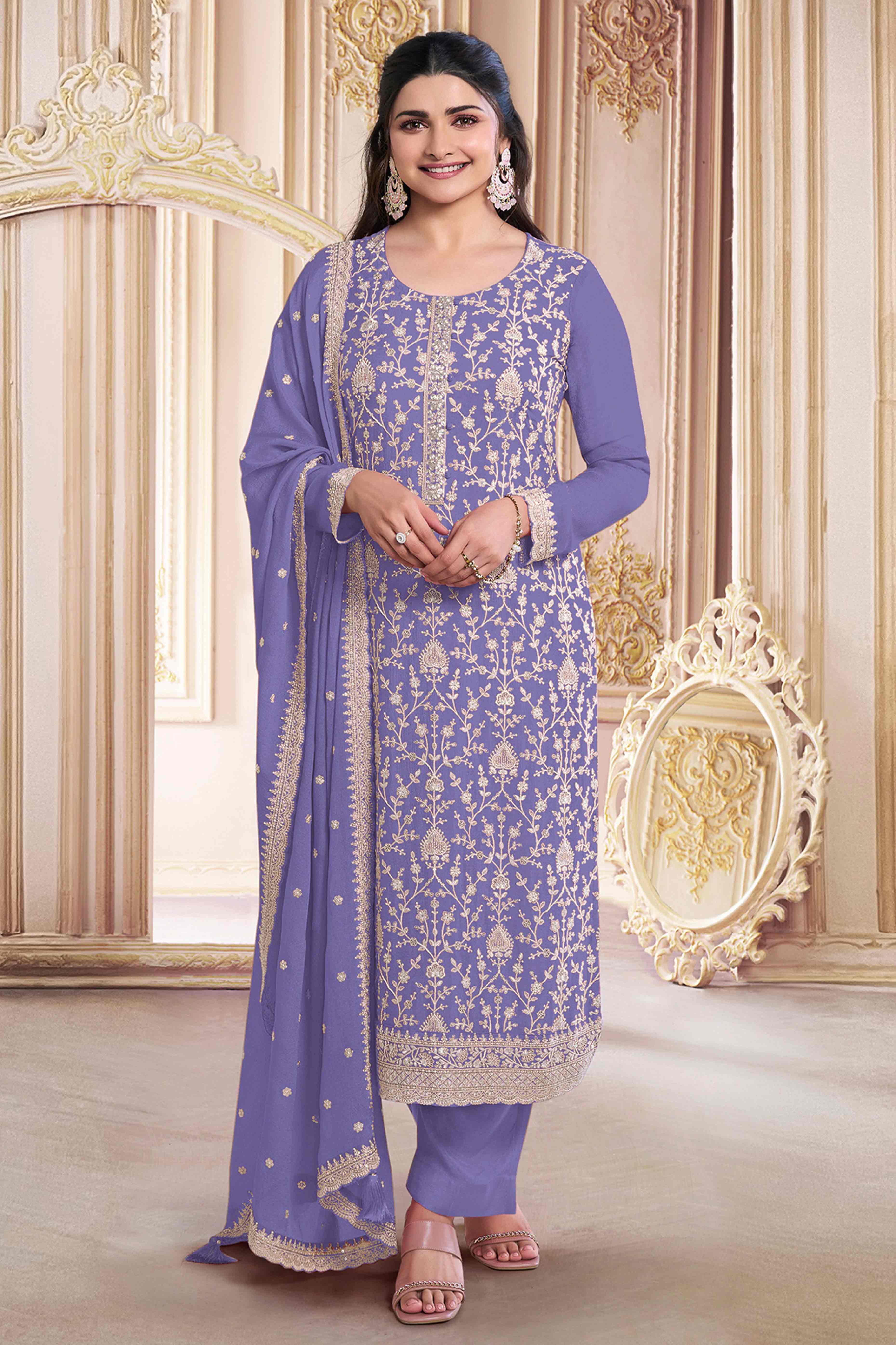 Peachmode Lavender Floral Sequins Embroidery Georgette Semi Stitched Salwar Suit