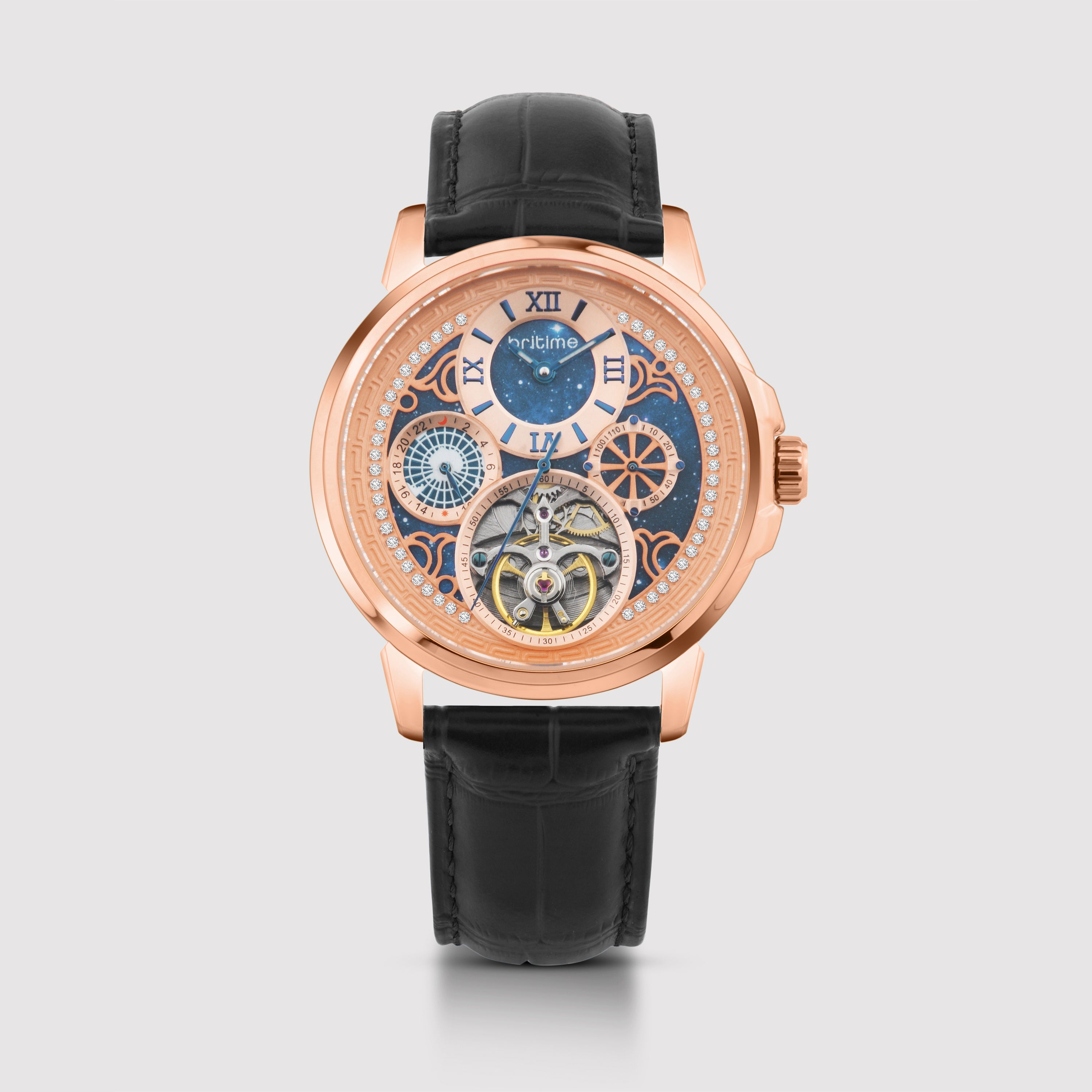 Britime Aquatica Men Automatic Blue Dial Multi-Function Leather Watch 274-L30506