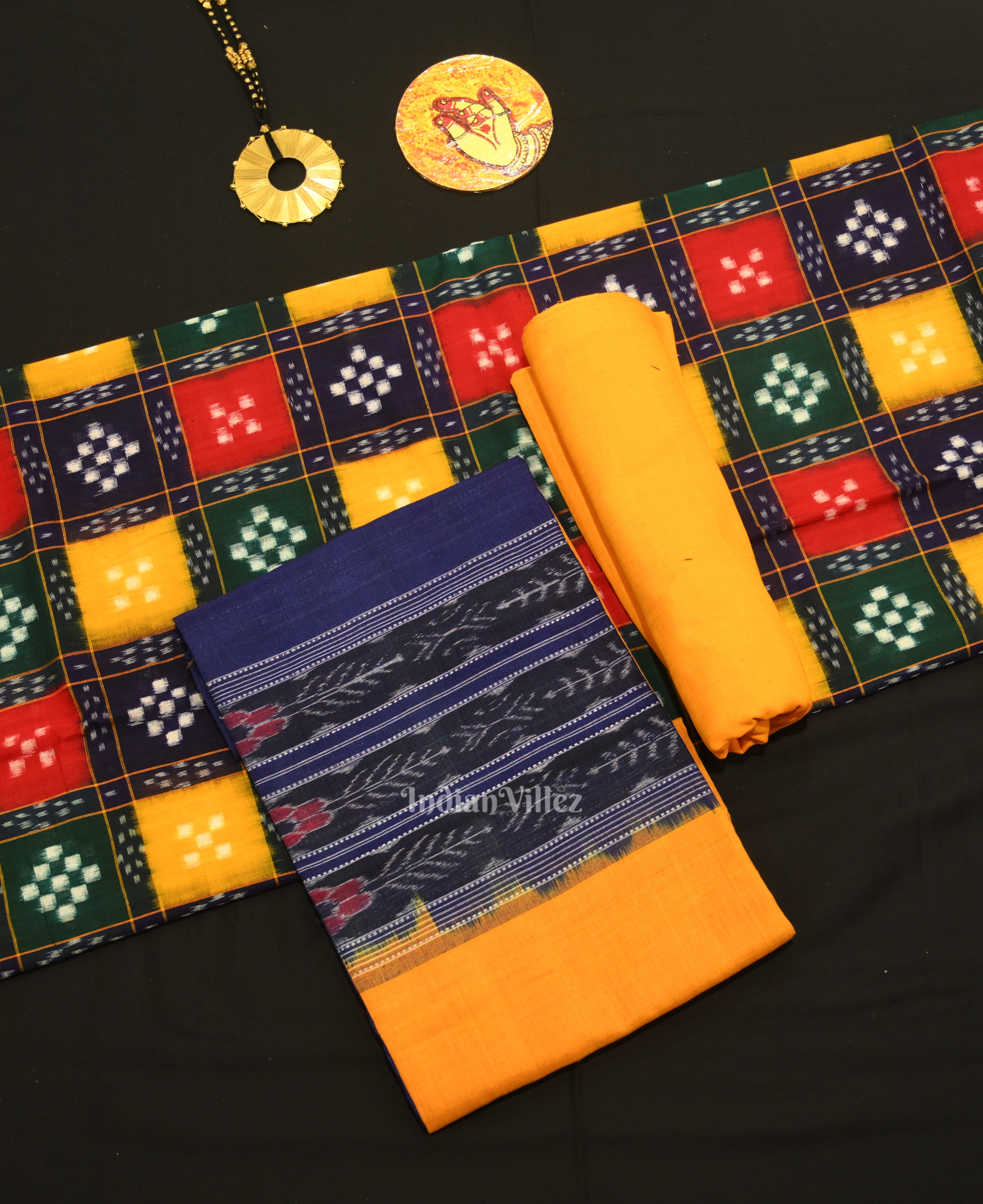 IndianVillèz Multi Color Pasapali Odisha Ikat Sambalpuri Dress Set & Dupatta