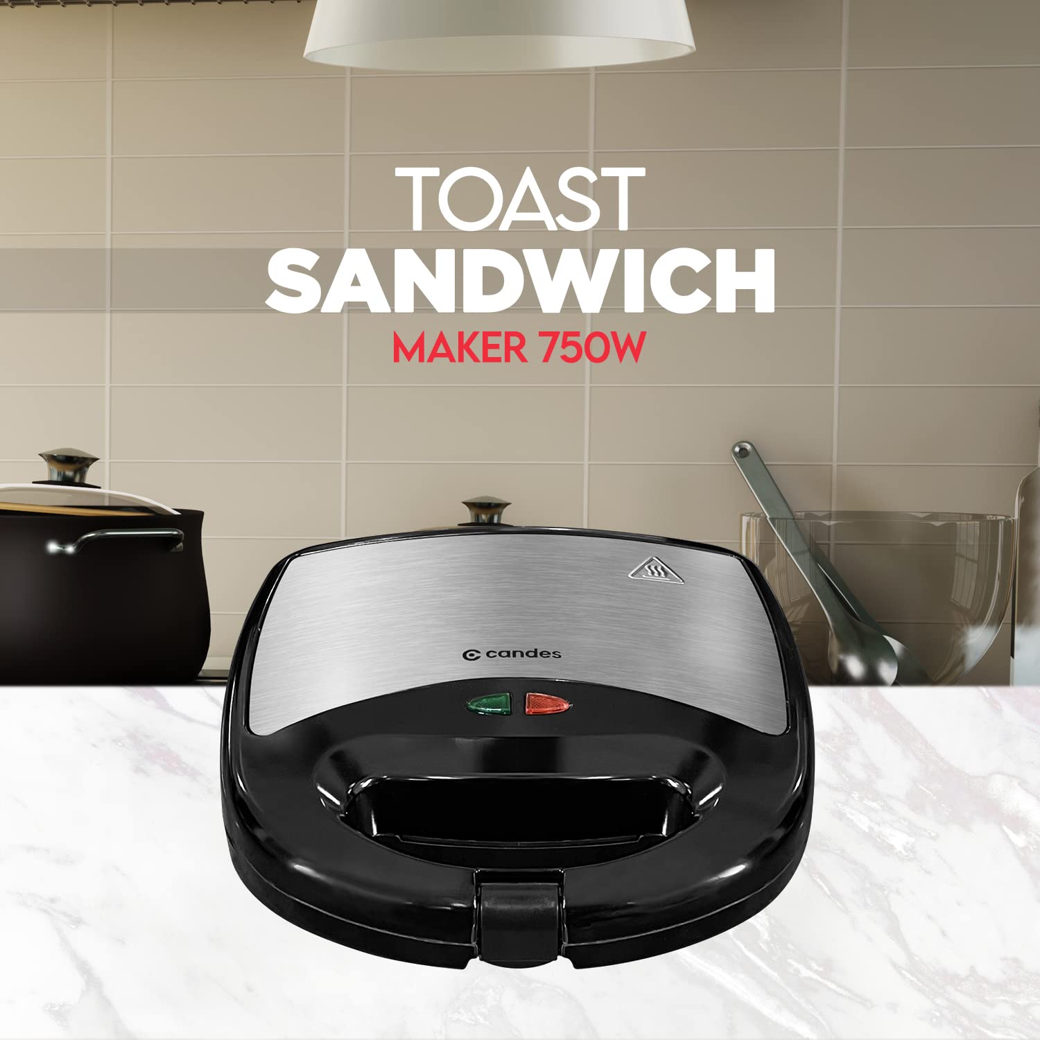 Candes Crunch Sandwich Toaster 4 Slices Non-Stick Fixed with Sandwich Plated Plates - 750 W (1 Year Warranty) Black & Silver - view 3