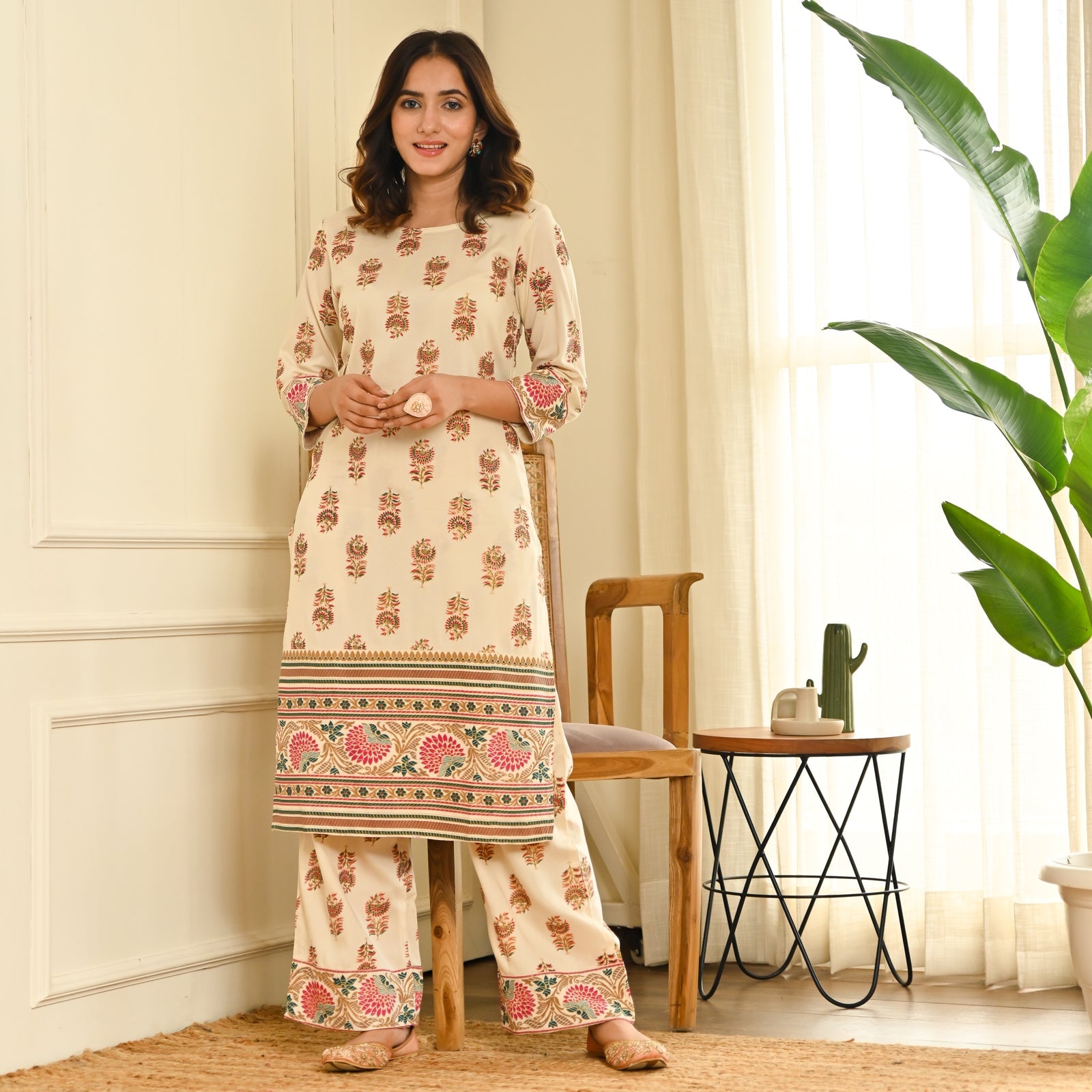 BlackTree Cream Boota Straight Kurta Pant Set