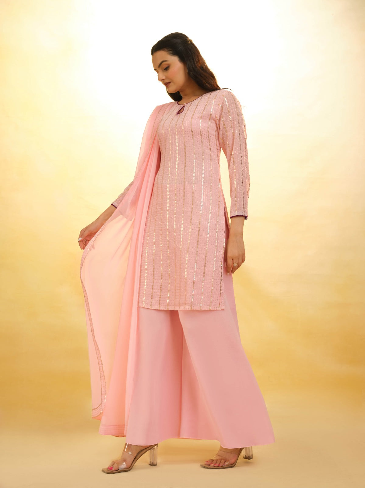 ClothsVilla Peach Georgette Suit with Embroidery and Shantoon Bottom - view 2
