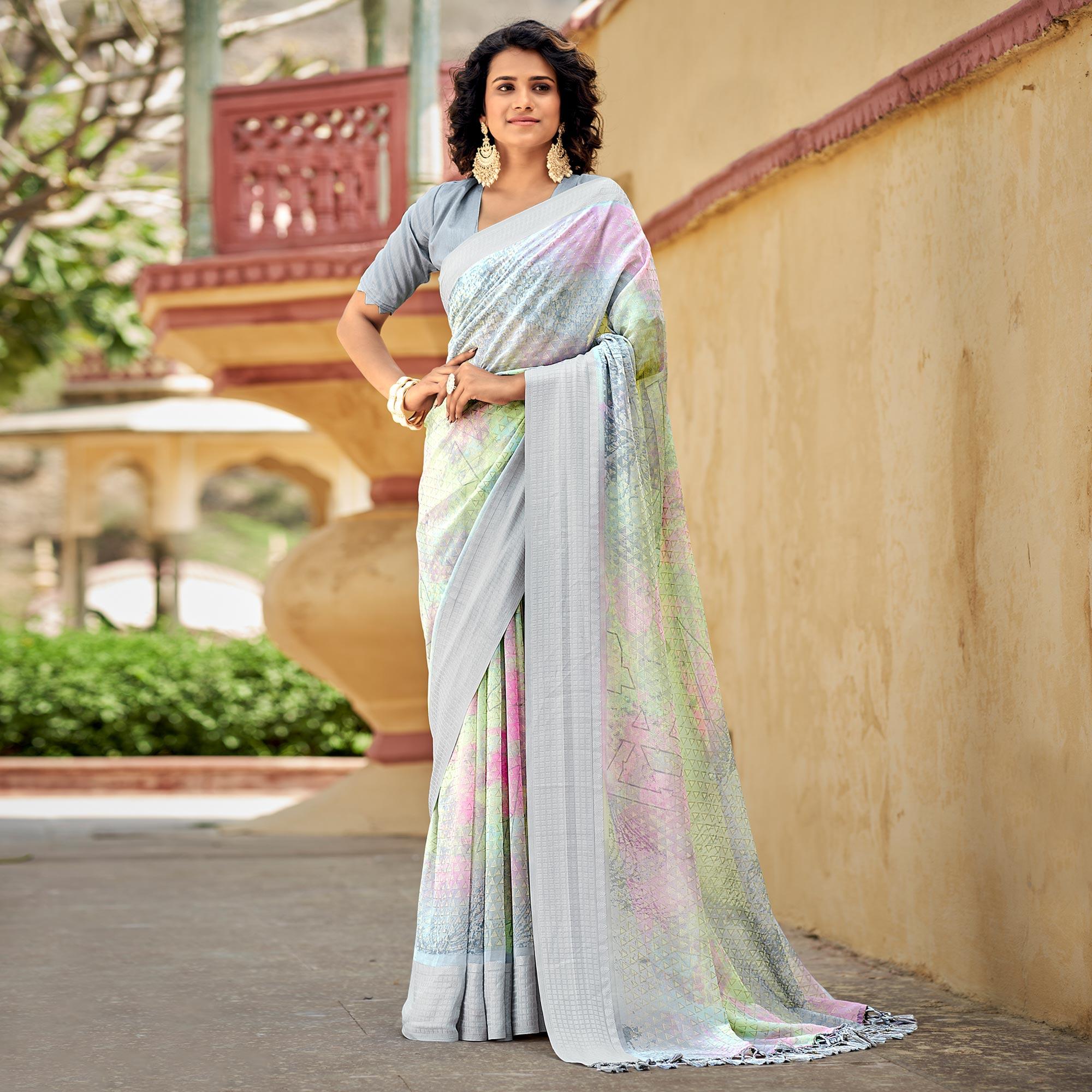 Peachmode Grey Printed Georgette Saree With Tassels - view 2