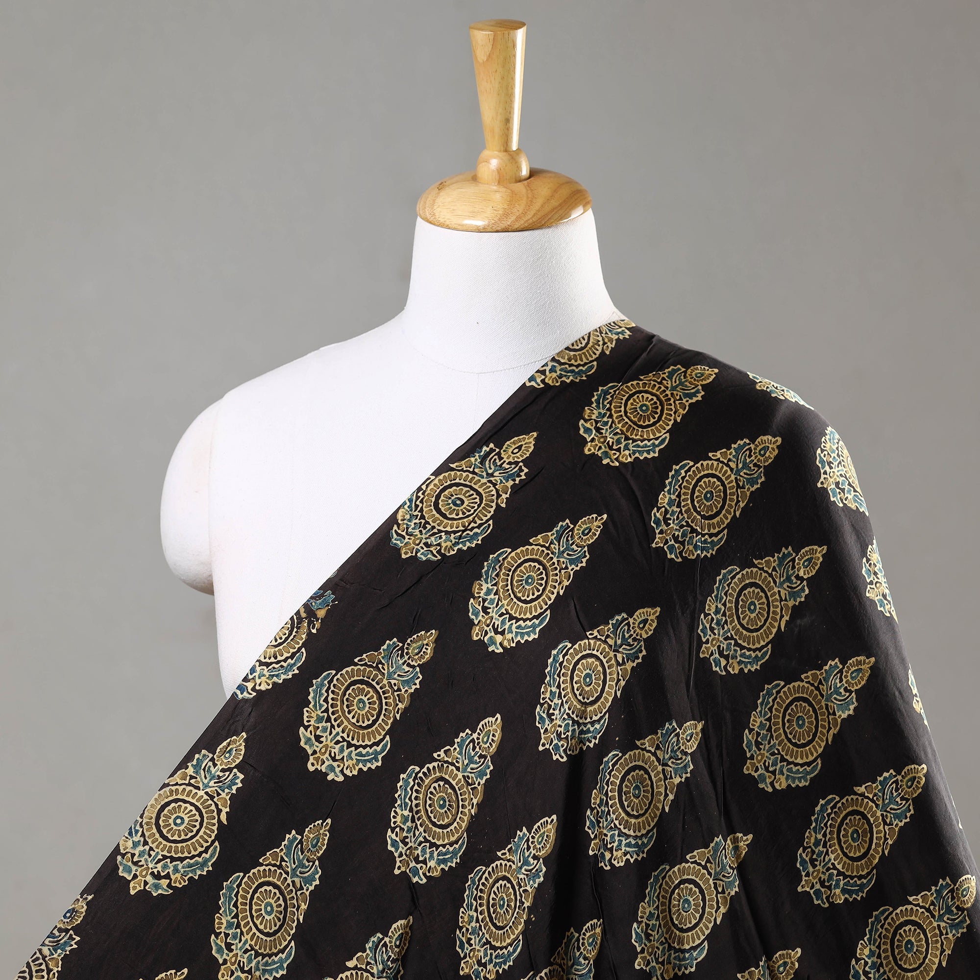 RIYAZ ABDULMAJID KHATRI - AJRAKH Black - Yellow Patterned Butta On Black Ajrakh Hand Block Printed Modal Silk Fabric