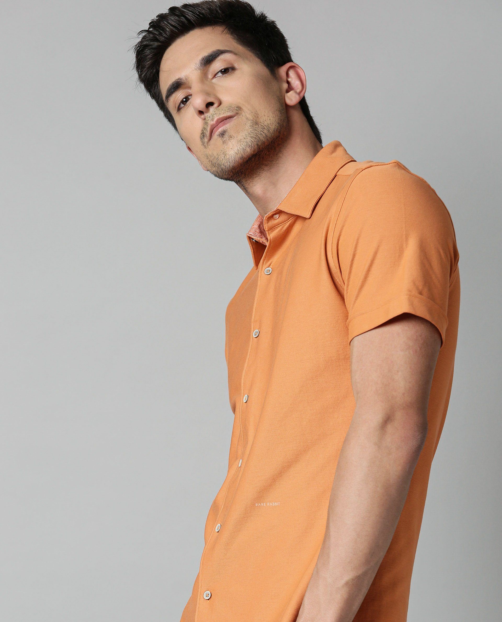 Rare Rabbit Men's Breath Orange Shirt Knit Fabric Short Sleeves Solid Slim Fit - view 4