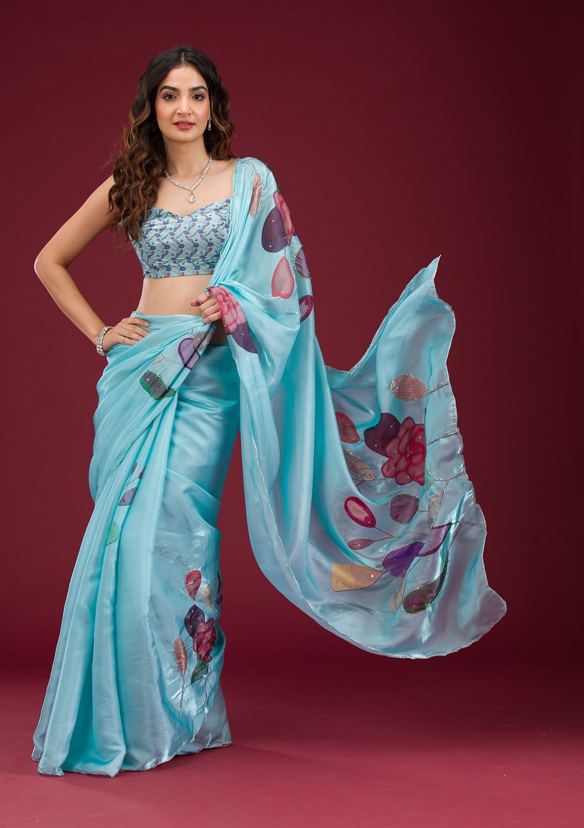 Koskii Sky Blue Printed Tissue Saree – Women's