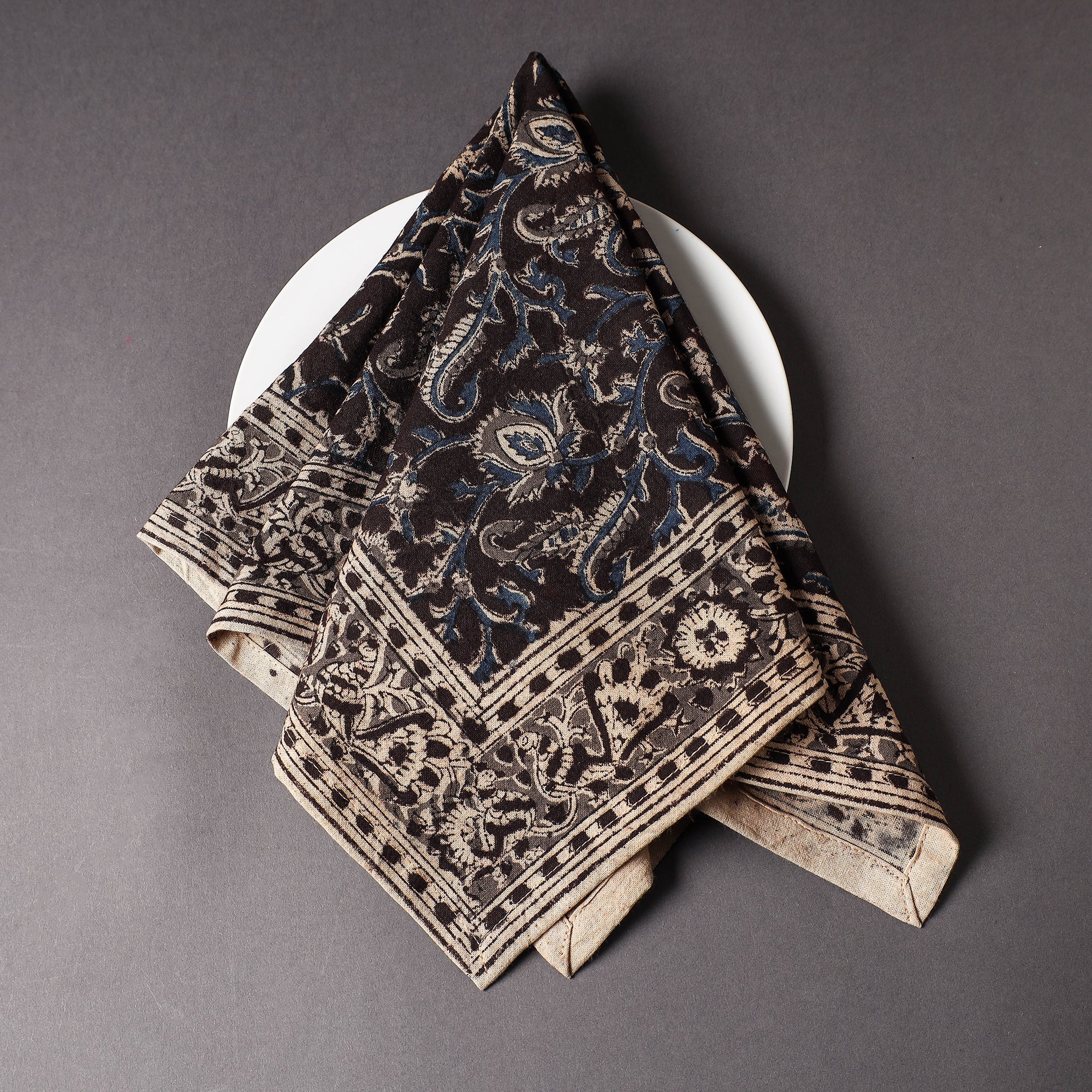 PITCHUKA SRINIVAS KALAMKARI PEDANA Black - Pedana Kalamkari Block Printed Cotton Napkin (18 x 18 in)