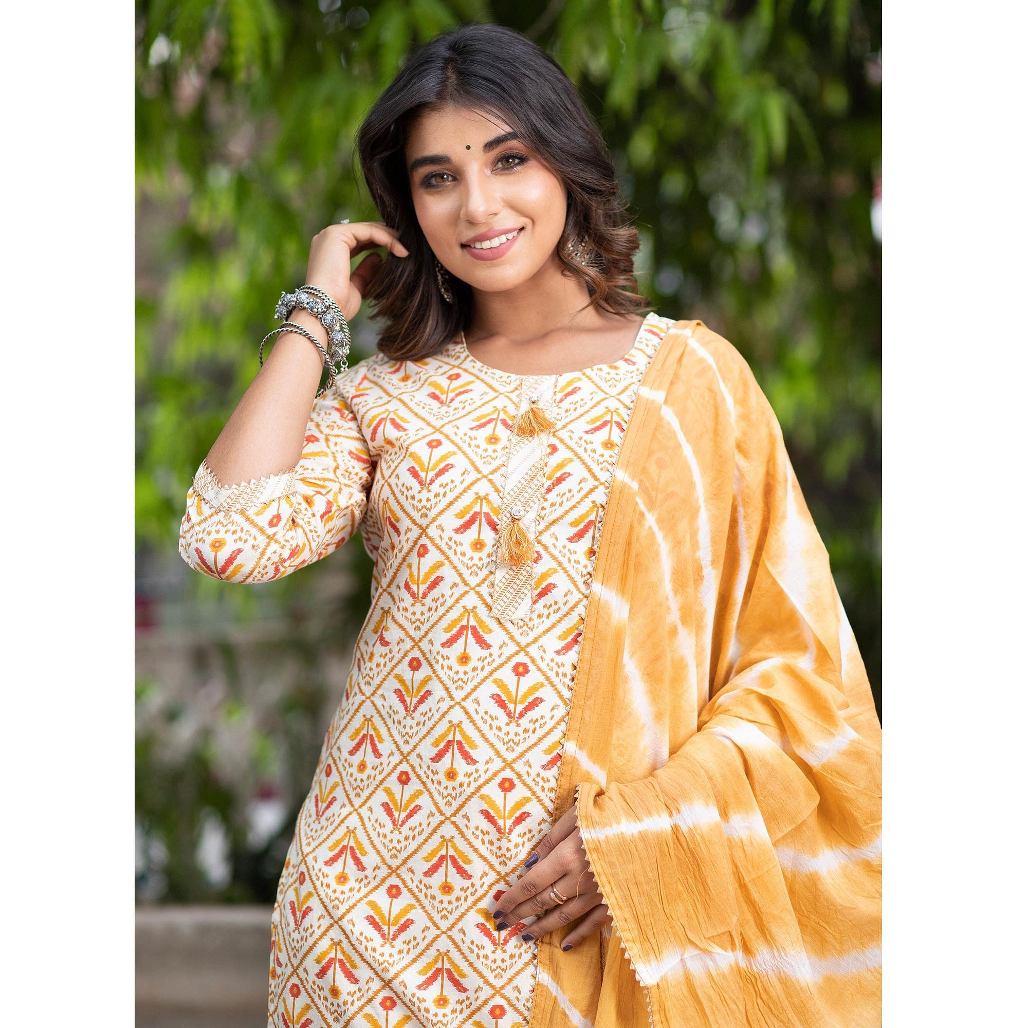 Peachmode Cream Floral Printed Pure Cotton Kurti Pant Set With Dupatta - view 6