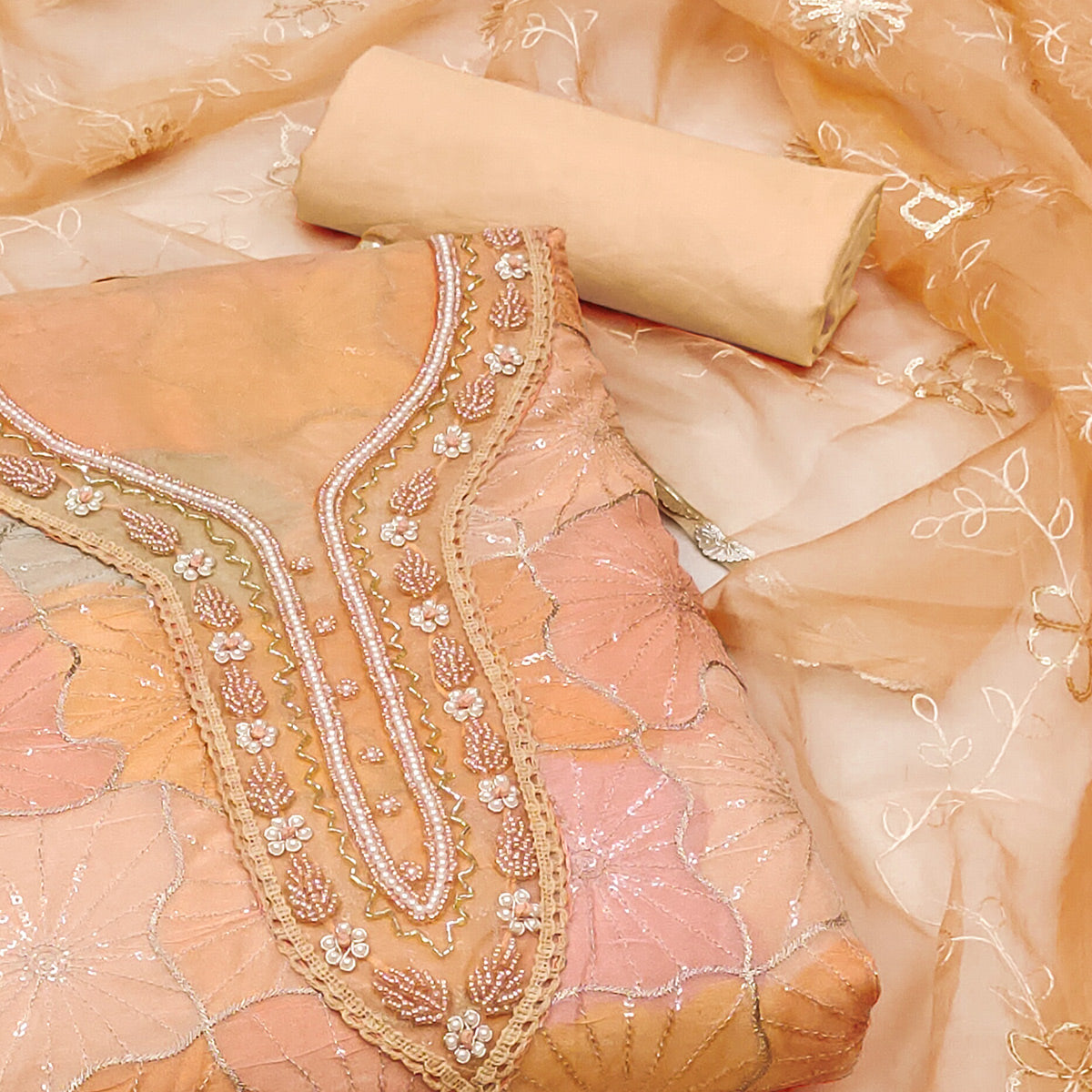 Peachmode Light Peach Sequins Embroidered With Handwork Organza Dress Material - view 2