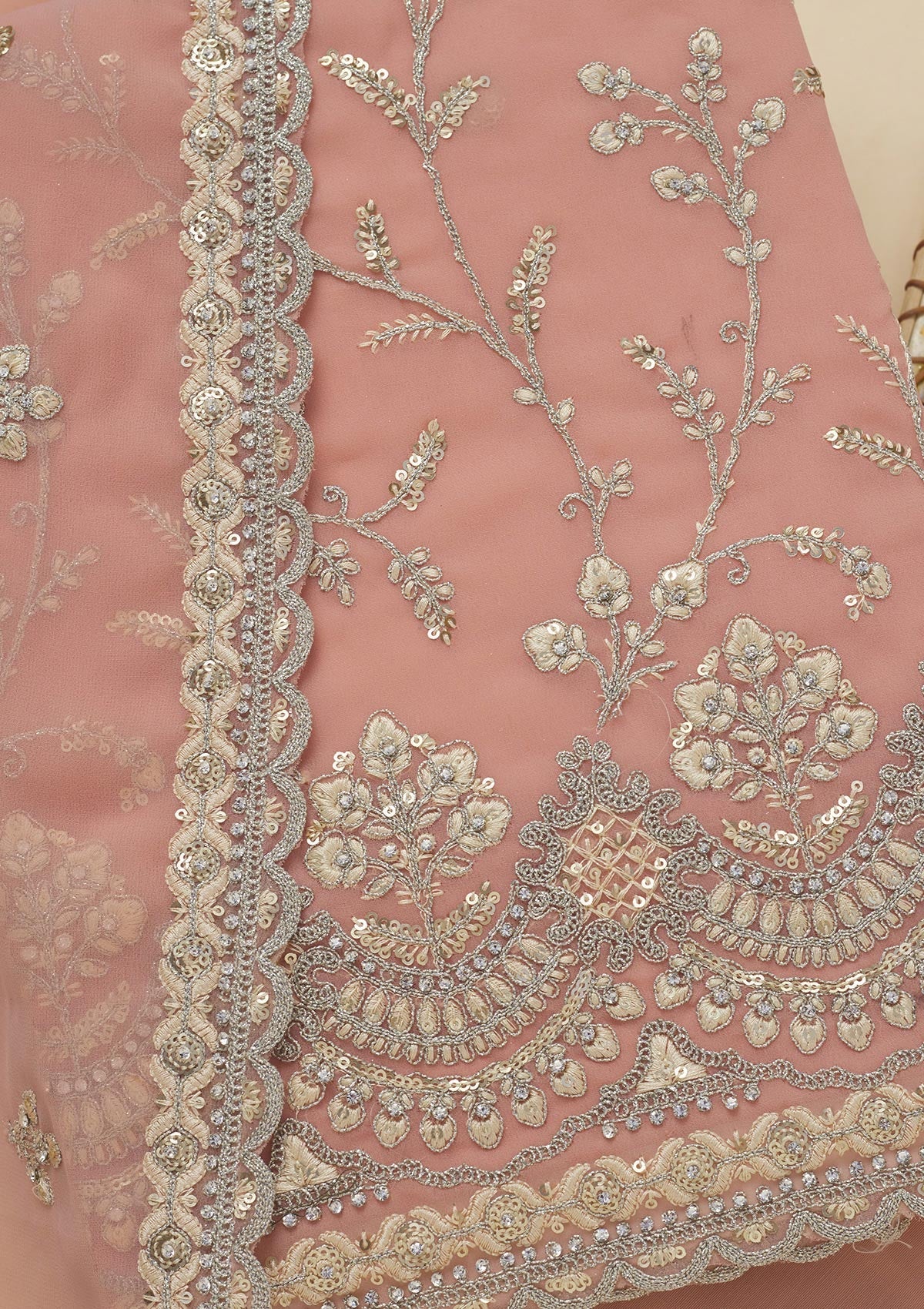 Koskii Peach Threadwork Georgette Unstitched Salwar Suit - view 2