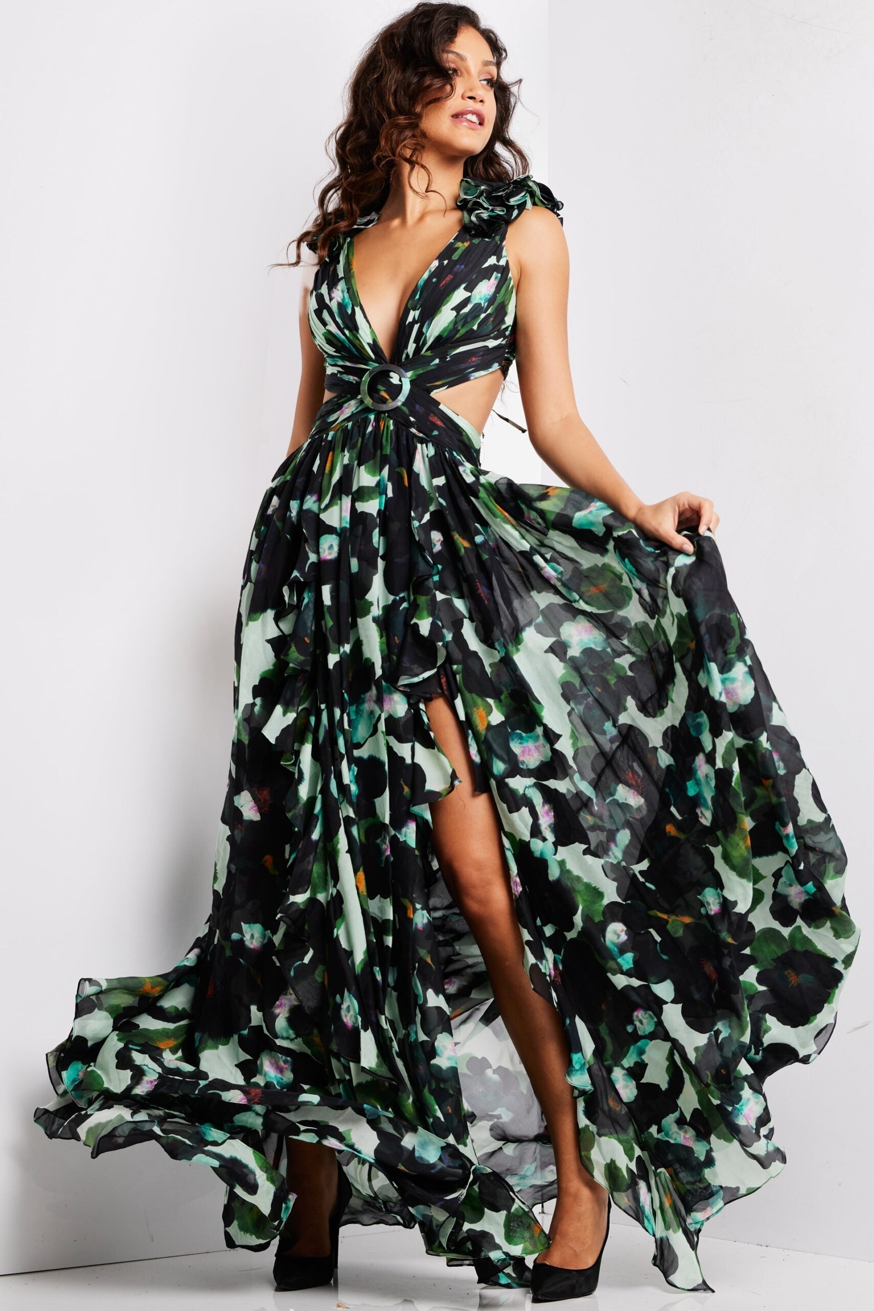 Print Sleeveless A-line Slit Gown by Jovani 39420 - view 3