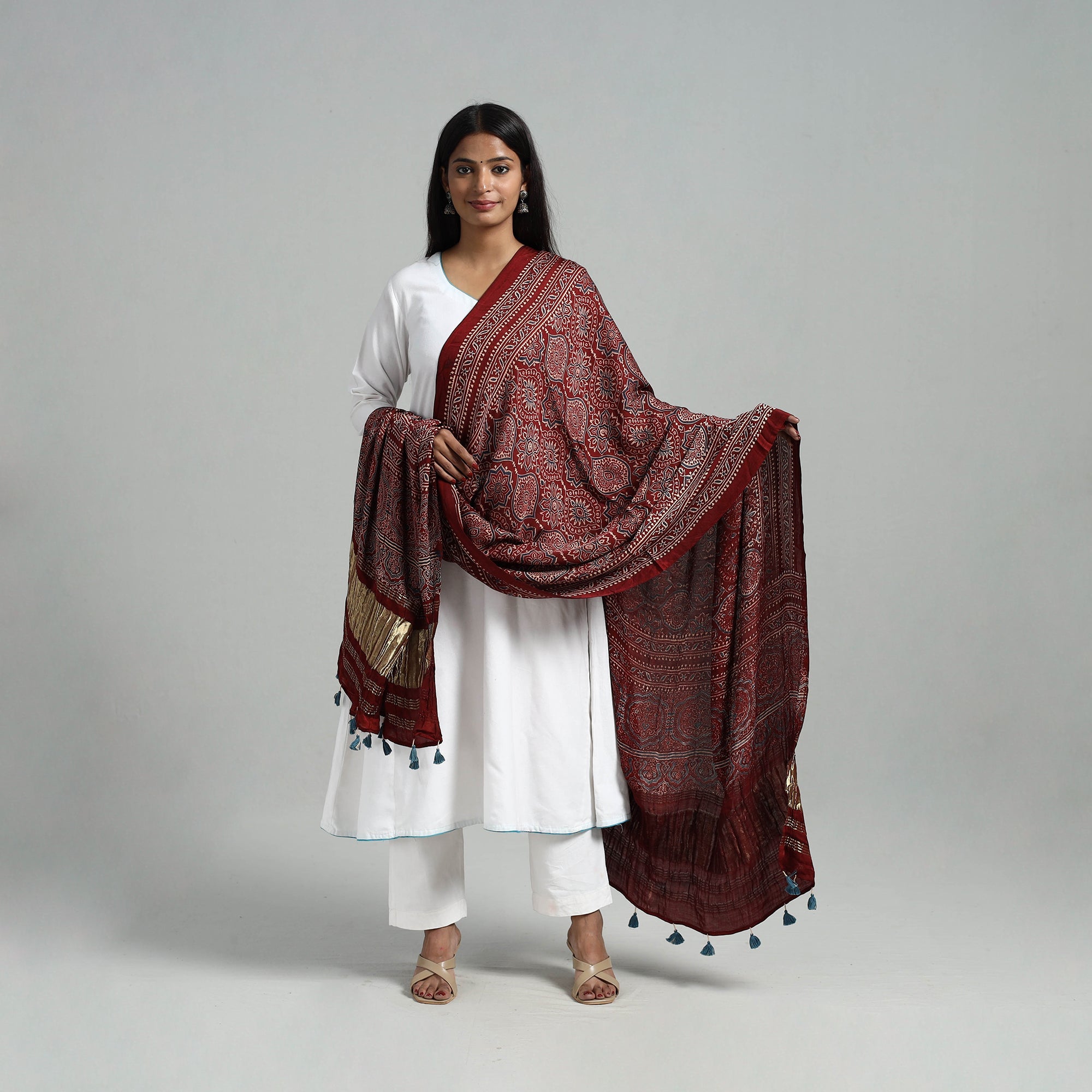 RIYAZ ABDULMAJID KHATRI - AJRAKH Modal Silk Block Print Ajrakh Dupatta 07