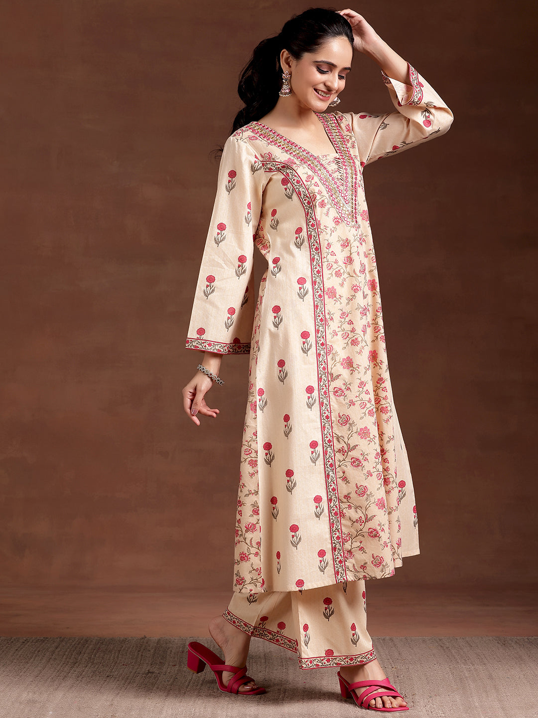 Libas Beige Printed Cotton A-Line Kurta With Palazzos - view 2