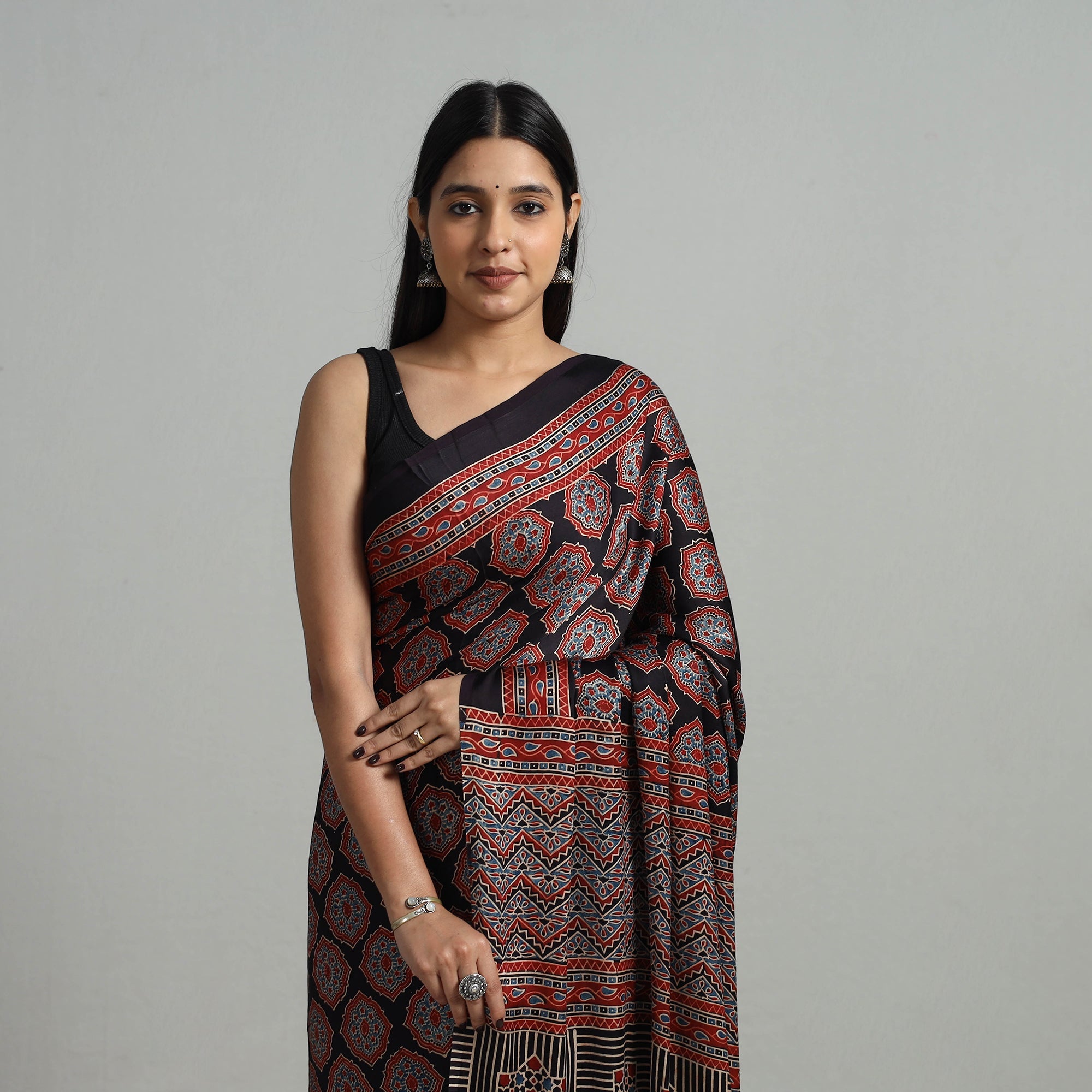 KACHCHH JI CHHAAP Black - Natural Dyed Hand Block Print Modal Silk Ajrakh Saree 16 - view 4