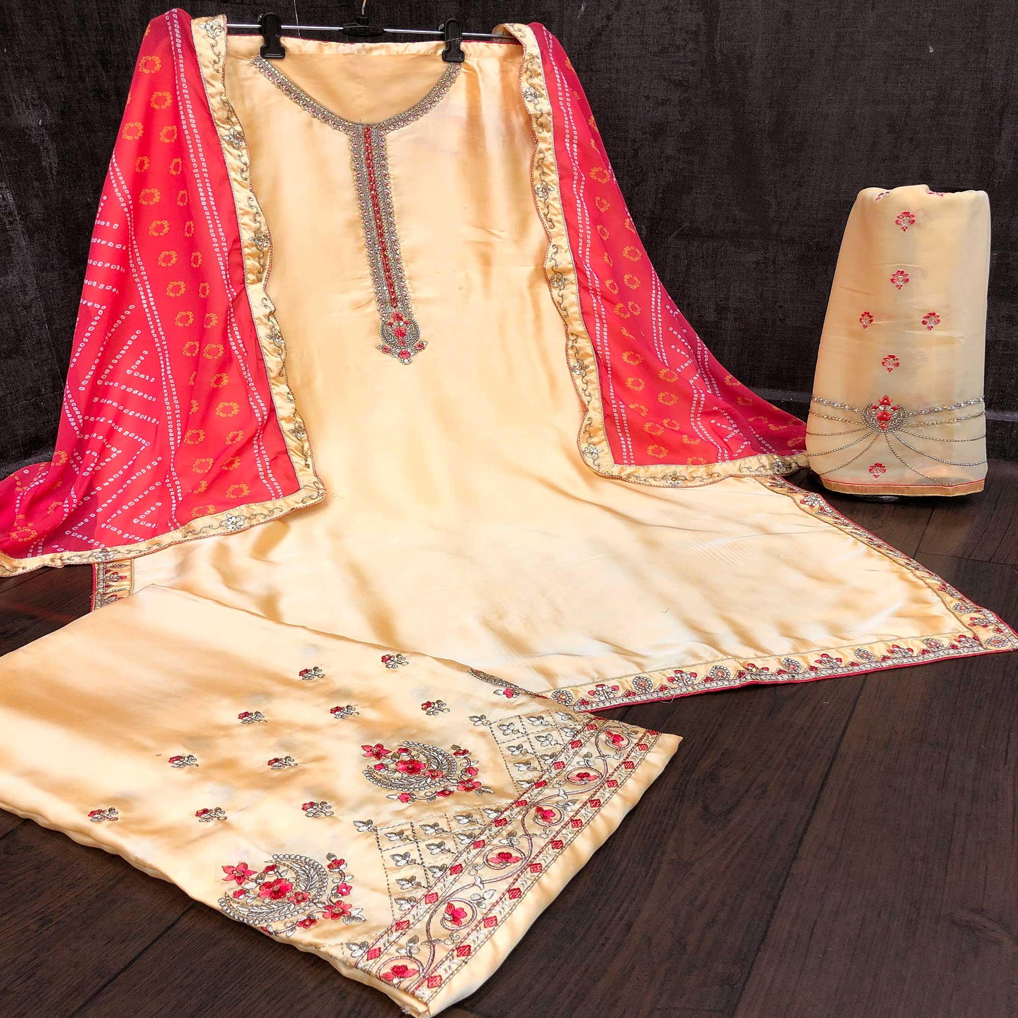 Peachmode Captivating Yellow Colored Partywear Embroidered Muslin Satin Gharara Suit With Palazzo