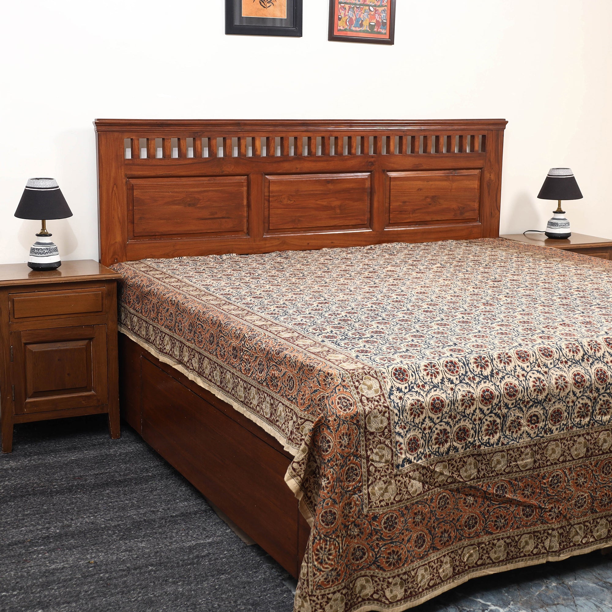 PITCHUKA SRINIVAS KALAMKARI PEDANA Beige - Pedana Kalamkari Block Printed Cotton Double Bed Cover (111 x 91 in) 07