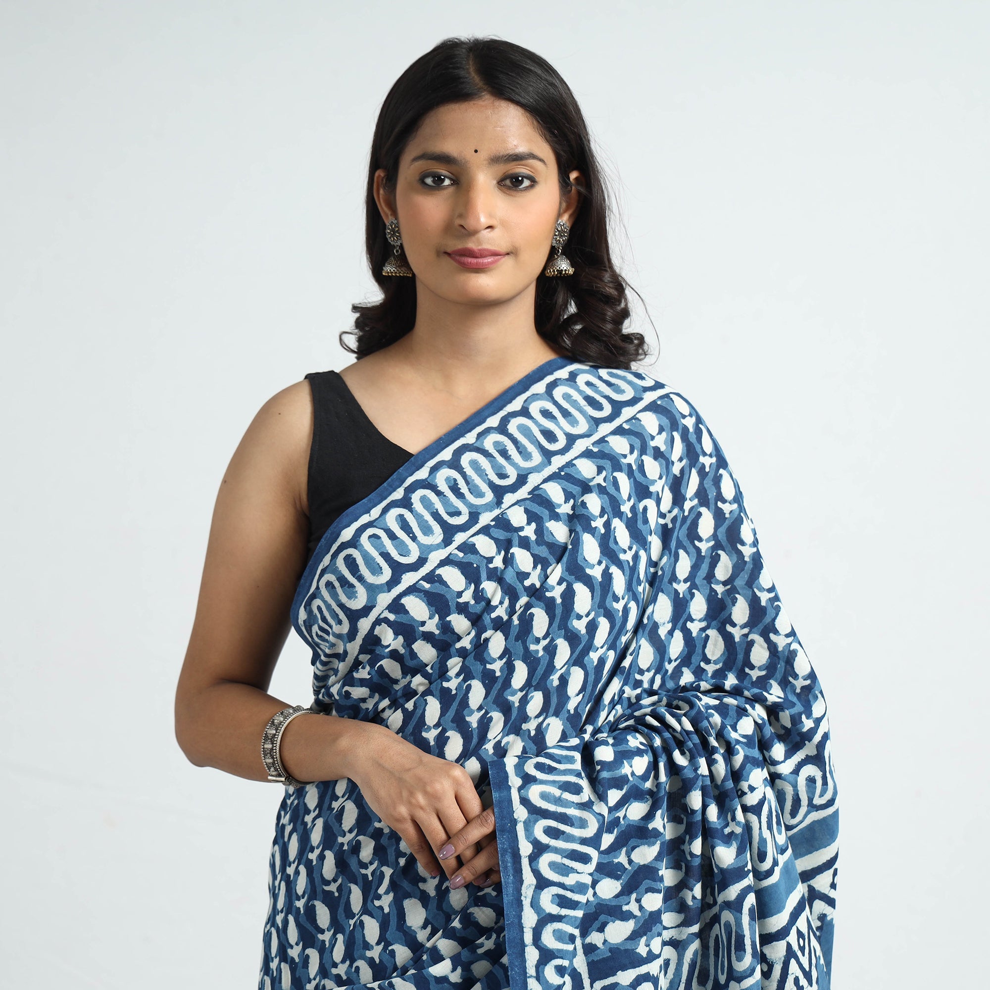 ARTISAN HAND BLOCK PRINTS Blue - Bagru Dabu Block Printed Mul Cotton Saree - view 4