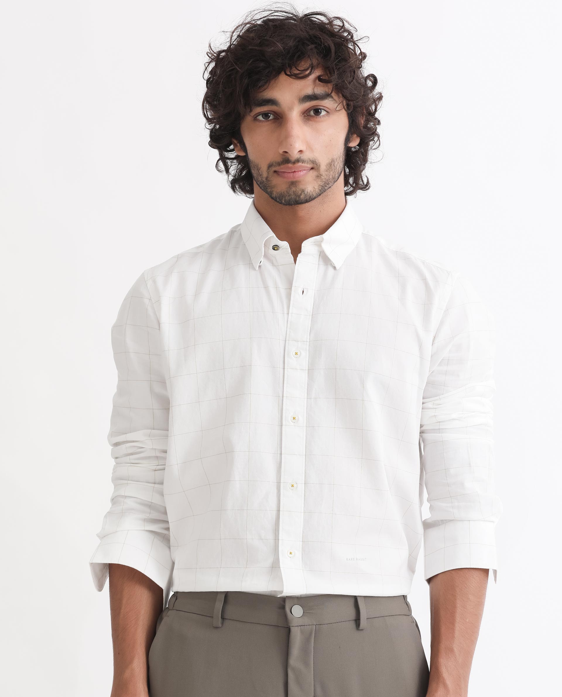 Rare Rabbit Men's Join White Cotton Fabric Full Sleeves Checks Shirt
