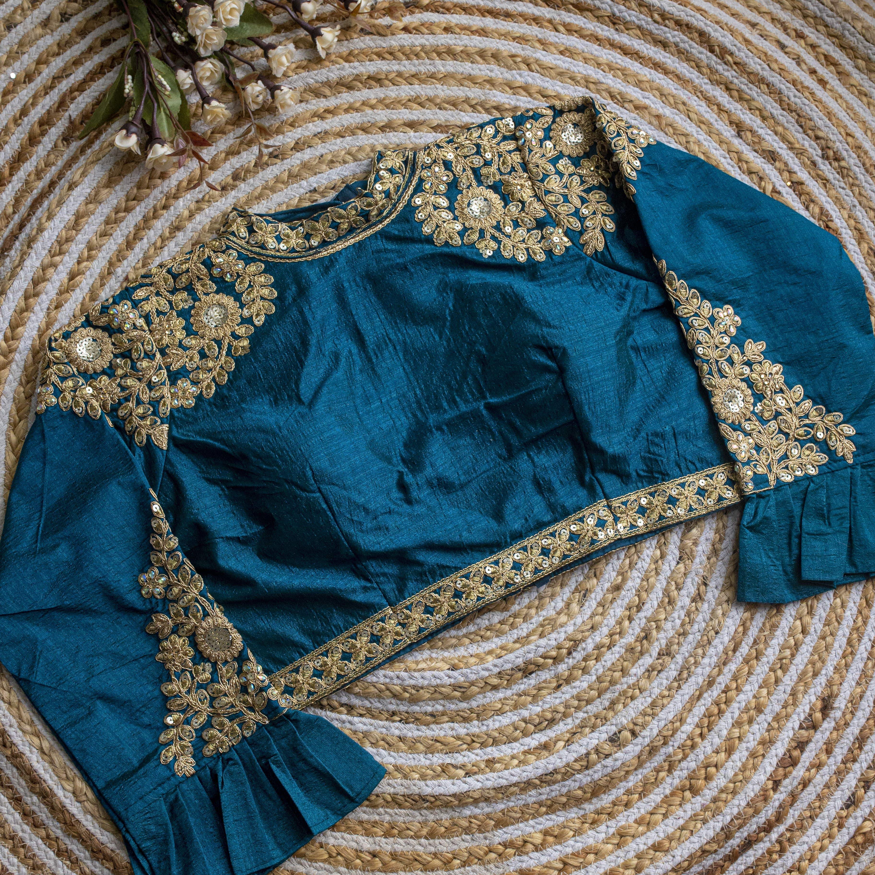 ClothsVilla Blue Golden Sequence Embroidered Blouse in glossy silk