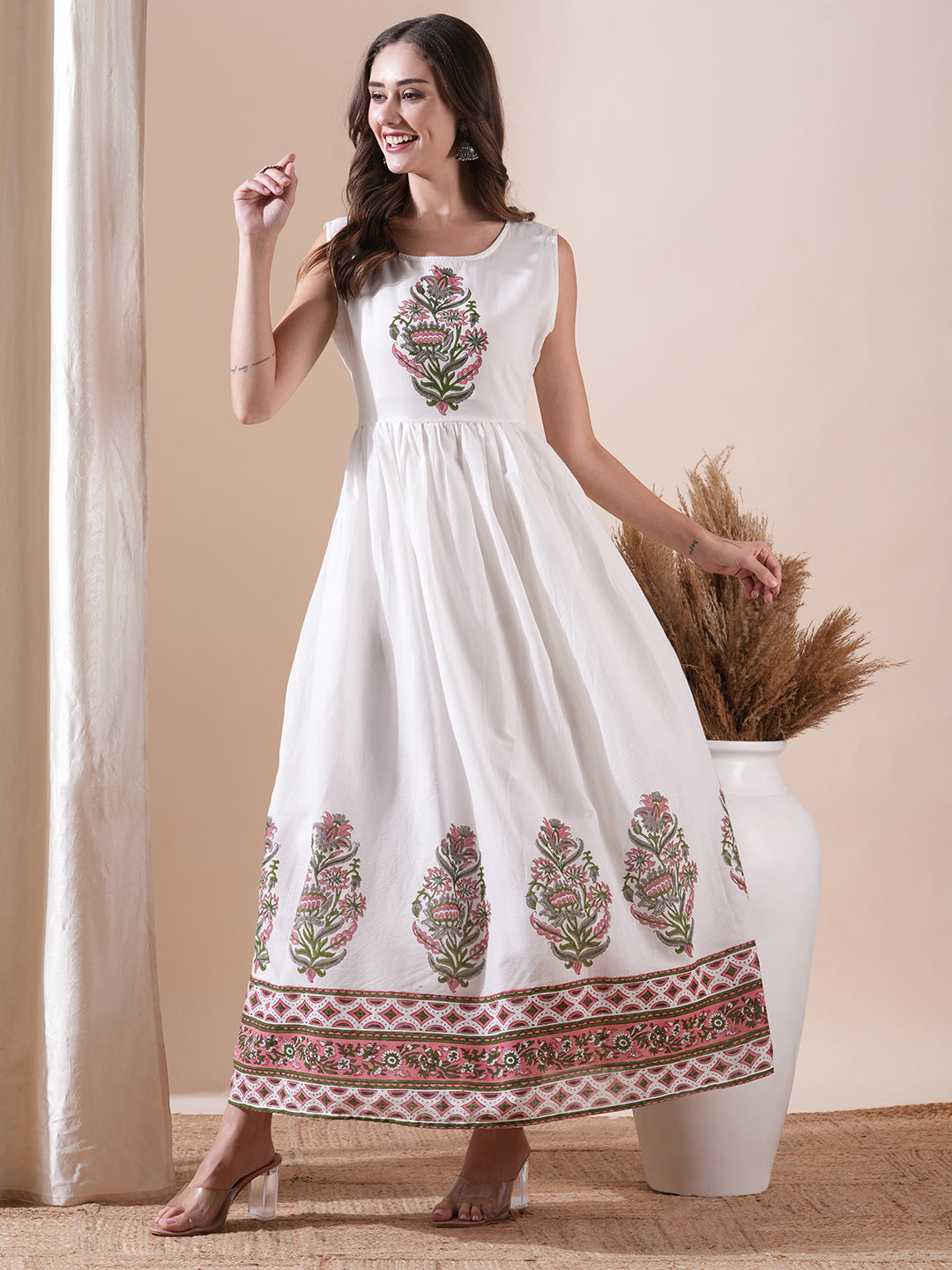 Fashor Floral Block Printed Maxi Dress with Floral Jacket - White - view 6