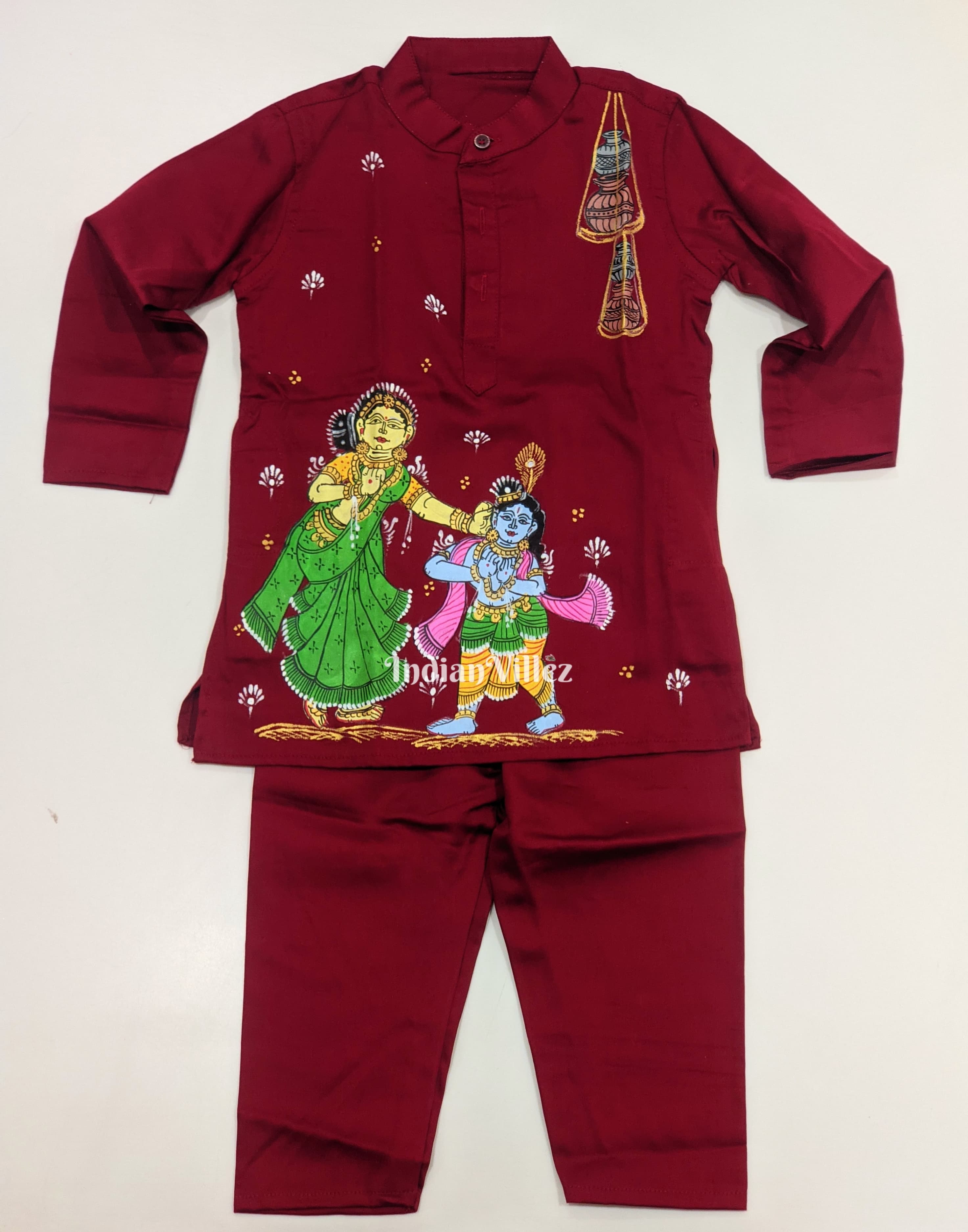 IndianVillèz Maroon Boys Krishna Yashoda Theme Pattachitra Kids Kurta & Pyjama Set