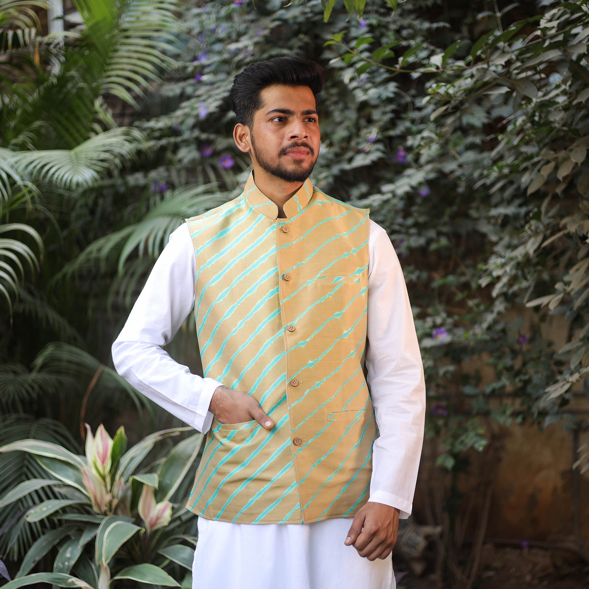 Leheriya tie dye – ITOKRI CASUALS Beige - Leheriya Tie & Dye Chanderi Silk Handloom Nehru Jacket 07