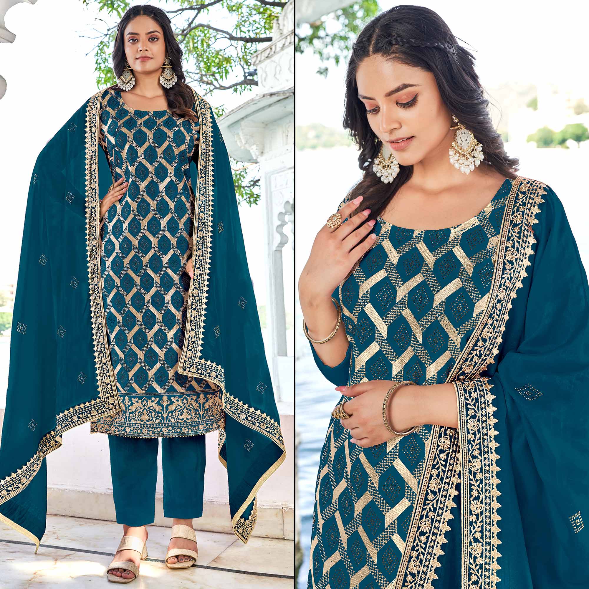 Peachmode Morpich Embroidered With Swarovski Vichitra Silk Dress Material