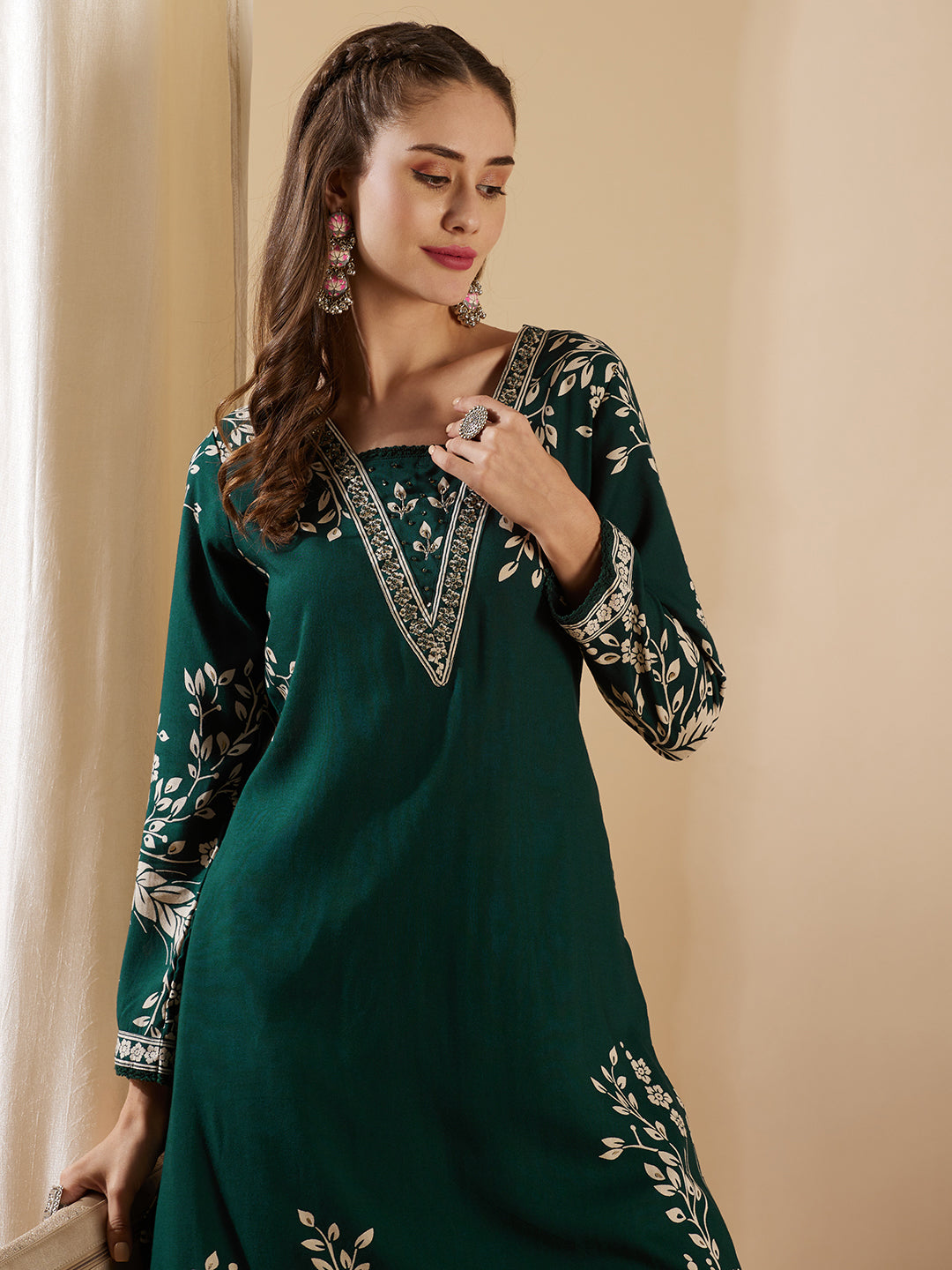 Fashor Floral Printed & Hand Embroidered A-Line Kurta with Flared Palazzo - Green - view 2