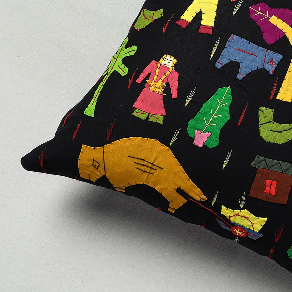 ASHOKA ASSEMBLE - CELEBRATING CRAFTS OF ODISHA Black - Pipli Applique Work Cotton Cushion Cover (16 x 16 in) - view 2