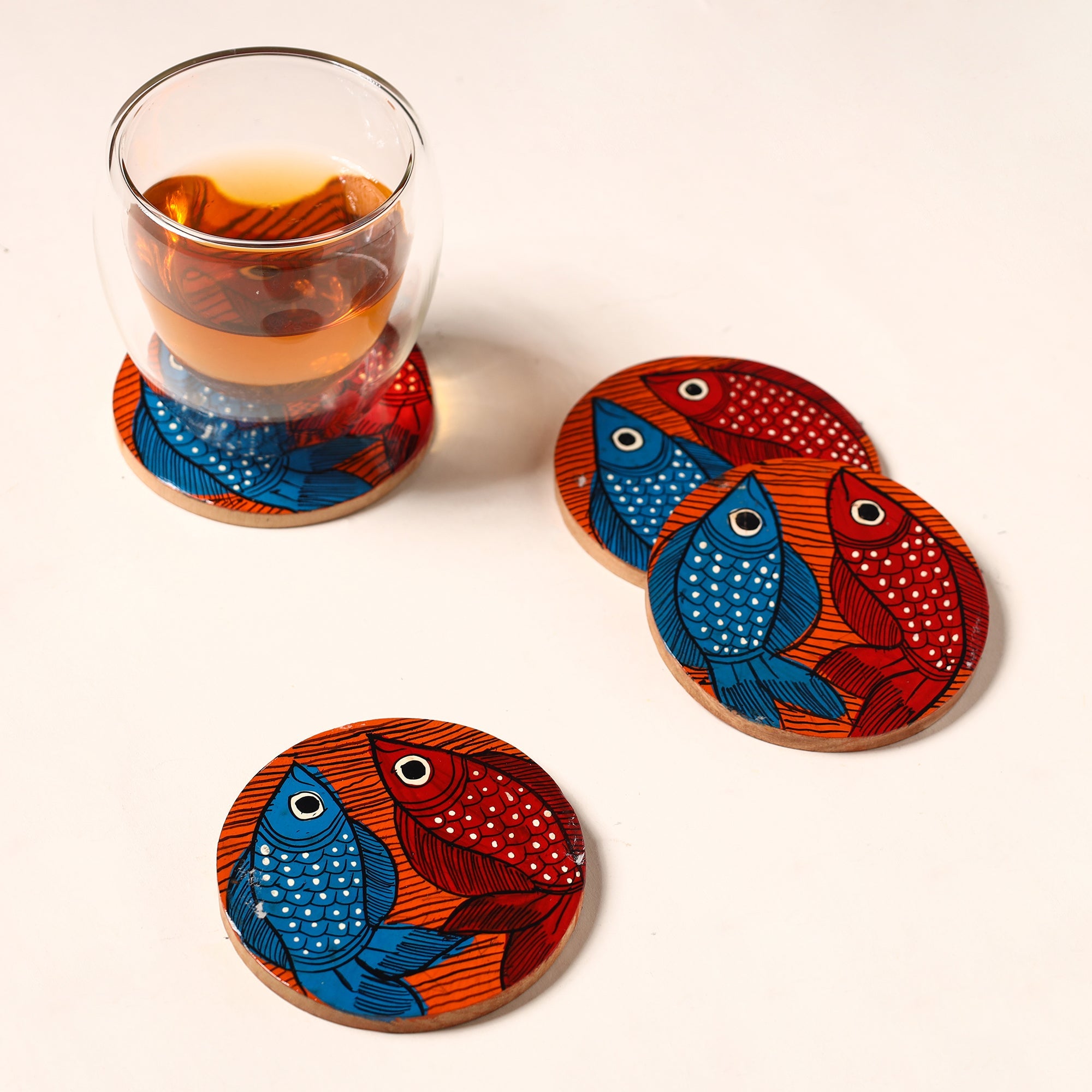 ITOKRI CRAFTS INITIATIVE Bengal Patua Handpainted Akashmoni Wooden Coasters (Set of 4) 09