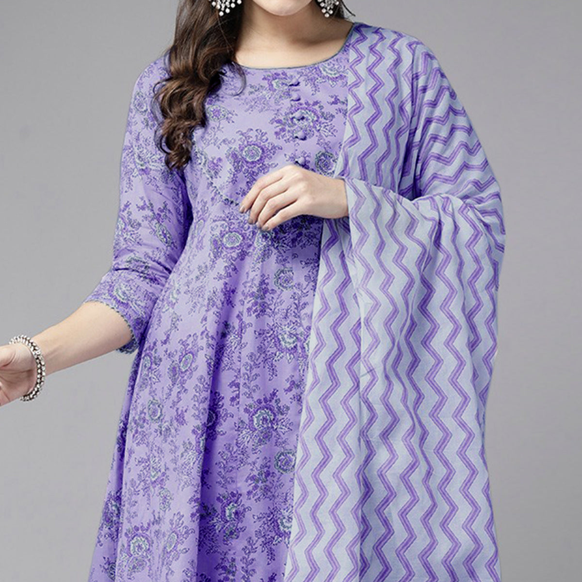 Peachmode Light Purple Floral Printed Pure Cotton Anarkali Suit - view 2