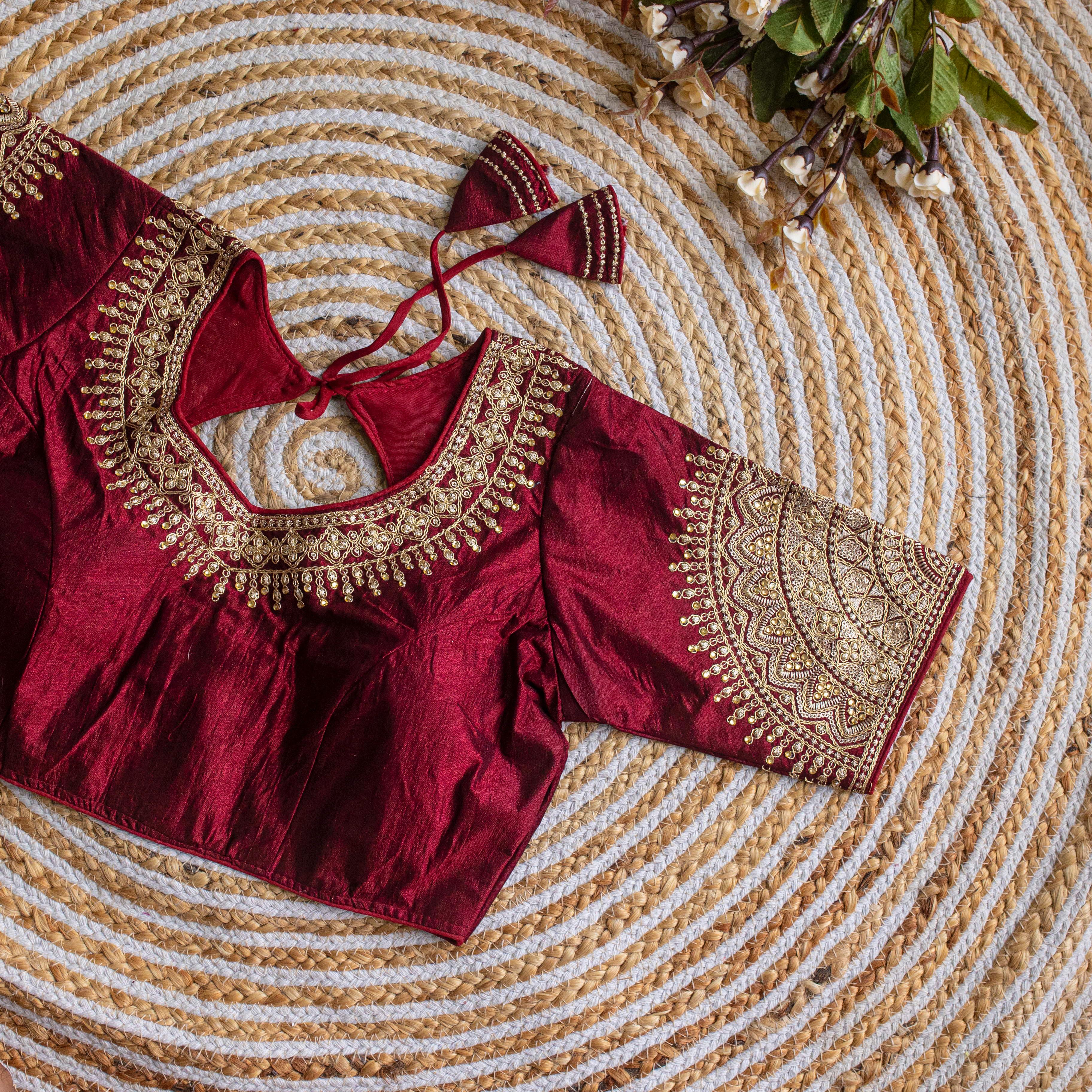 ClothsVilla Maroon Luxurious Lucknowi Silk Blouse with Golden Embroidery and Sequins