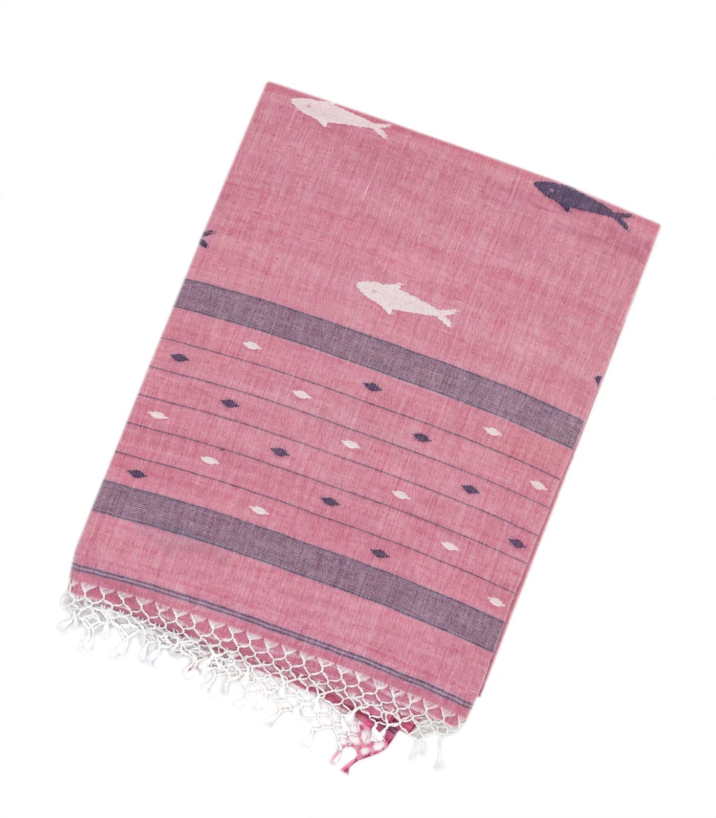 RmKV Dusty Pink Handloom Bengal Cotton Saree With Fish Motifs