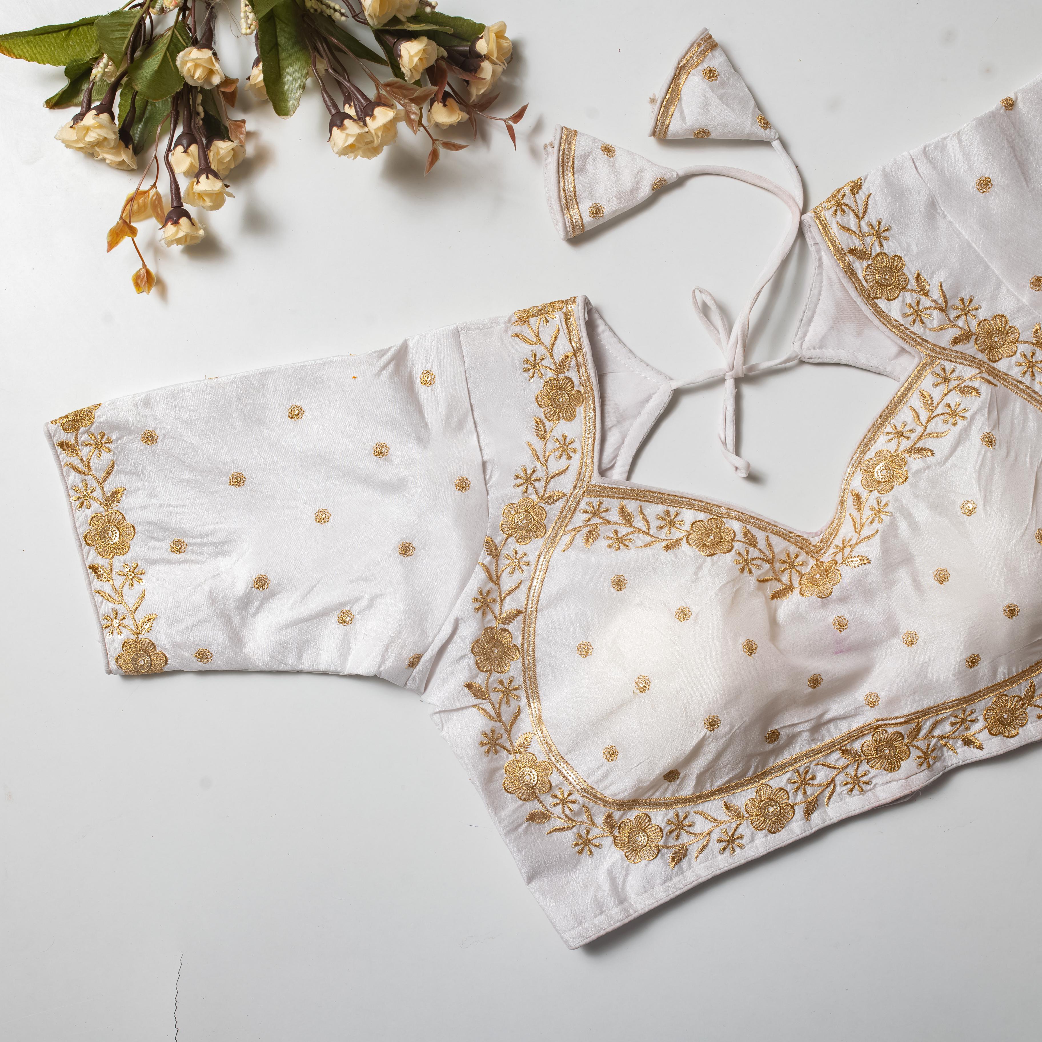 ClothsVilla White Olive Silk Blouse with Golden Embroidery and Sequins